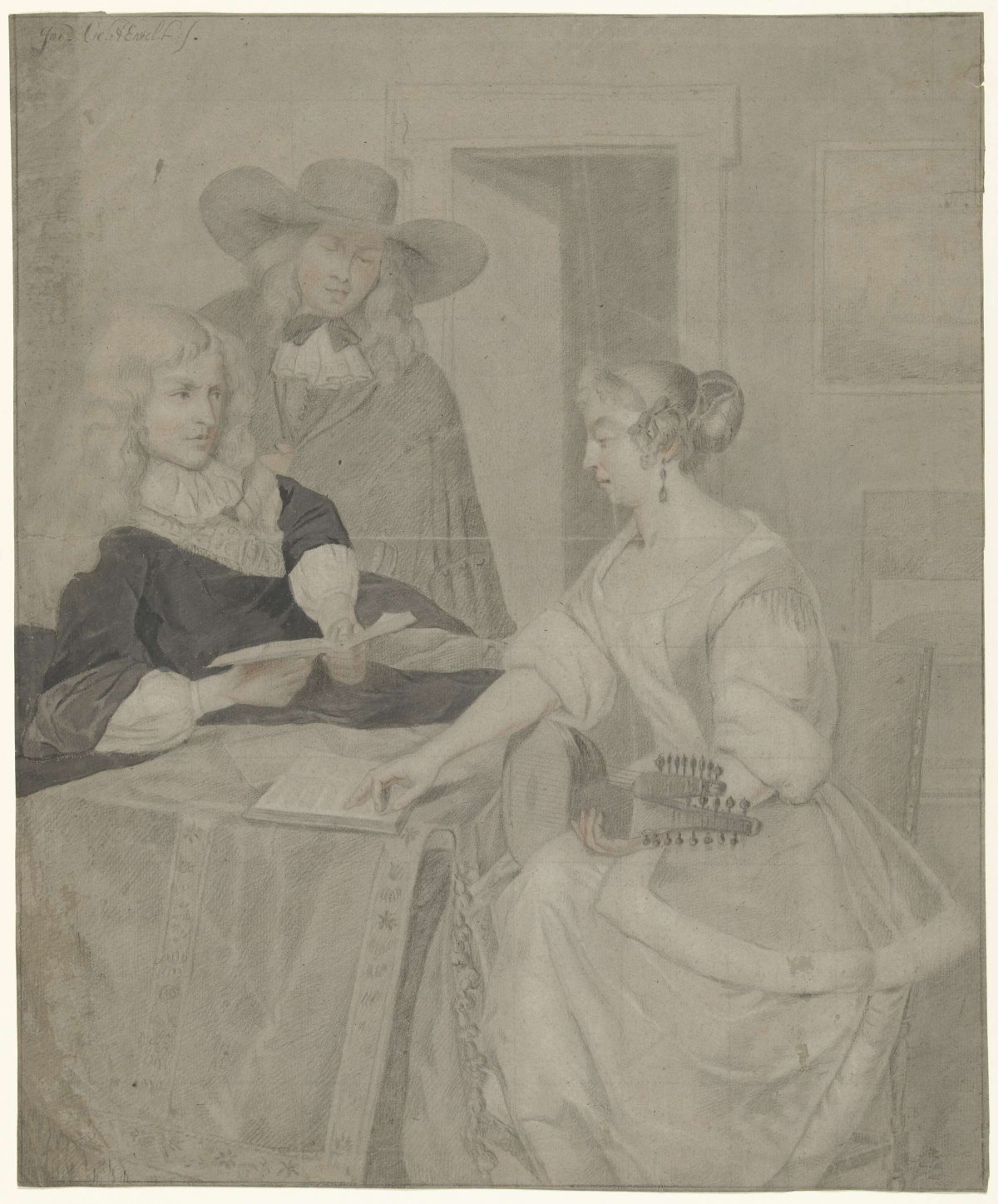 Musical couple at table, anonymous, after c. 1675 - 1681