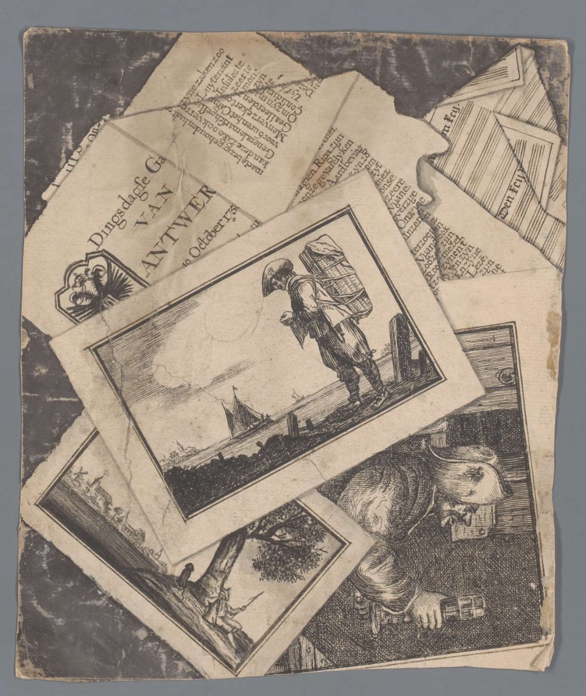 Cheat sheet with prints, a newspaper and a sheet of music, anonymous, c. 1750 - c. 1759