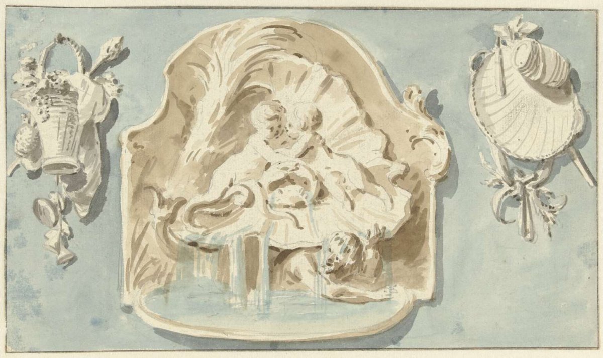 Ornament of fountain and two trophies, anonymous, 1700 - 1800