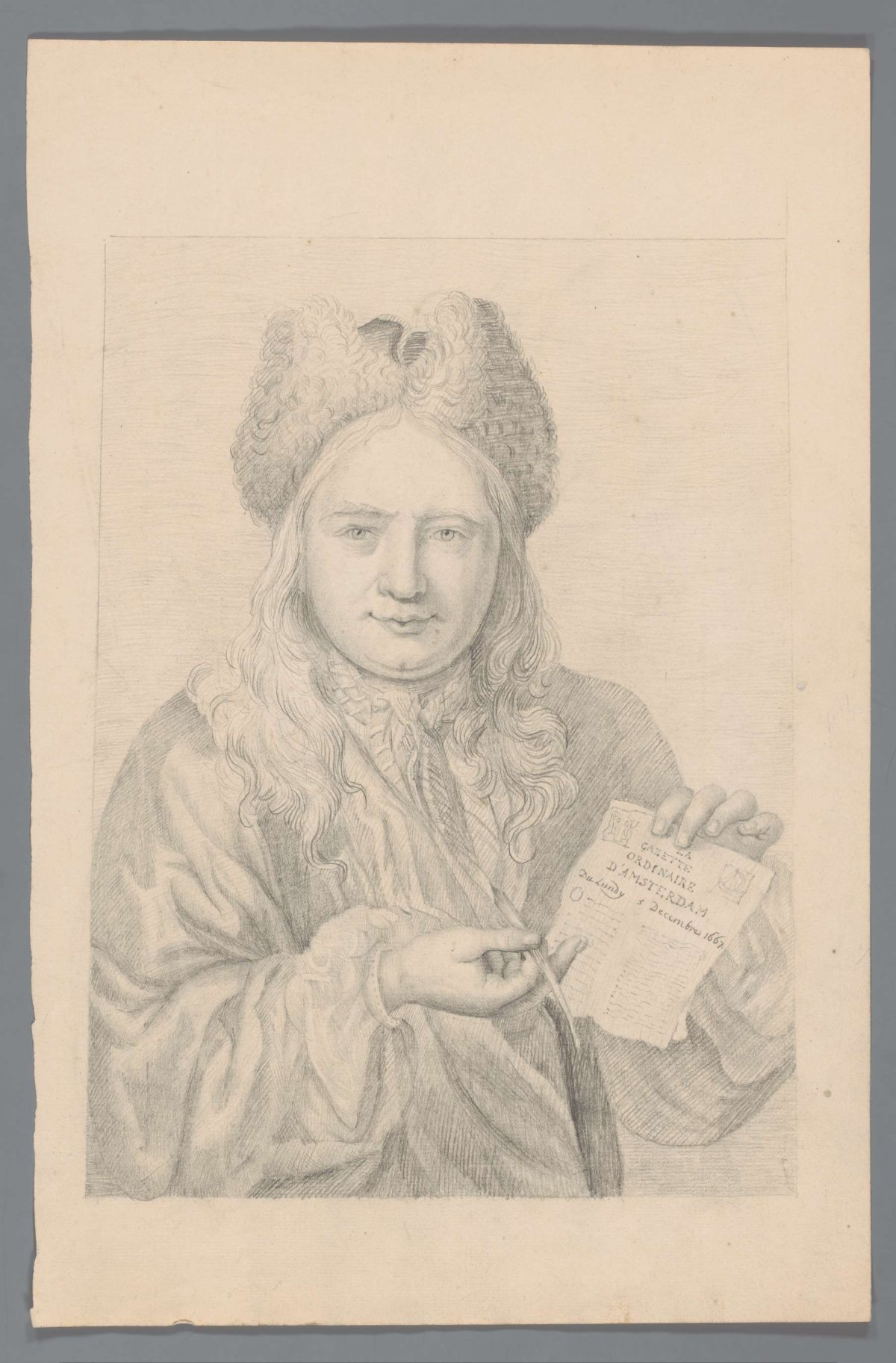Standing man with writing instrument and Gazette ordinaire d'Amsterdam, anonymous, 1700 - 1799