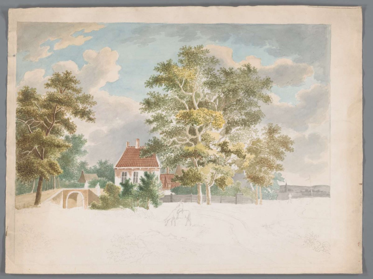 View of a house among trees on a country road, anonymous, 1700 - 1799