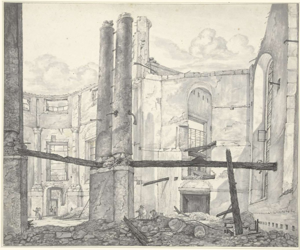 Ruins of the Nieuwe Luthersche Kerk in Amsterdam burned on September 18, 1822, from inside to the Singel, Gerrit Lamberts, 1822