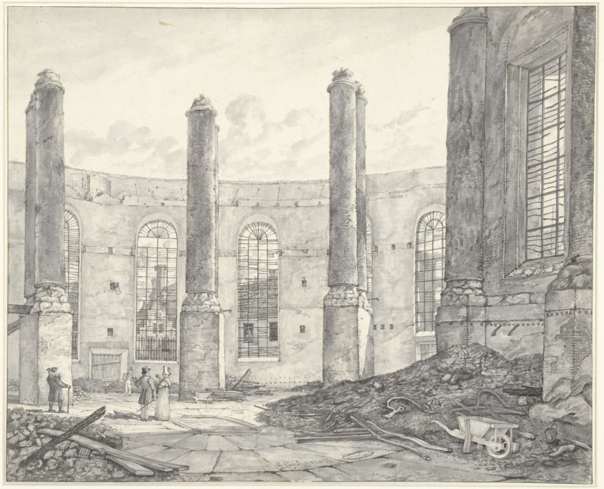 Ruins of the Nieuwe Luthersche Kerk in Amsterdam that burned on September 18, 1822, seen from the outside door inwards, Gerrit Lamberts, 1822