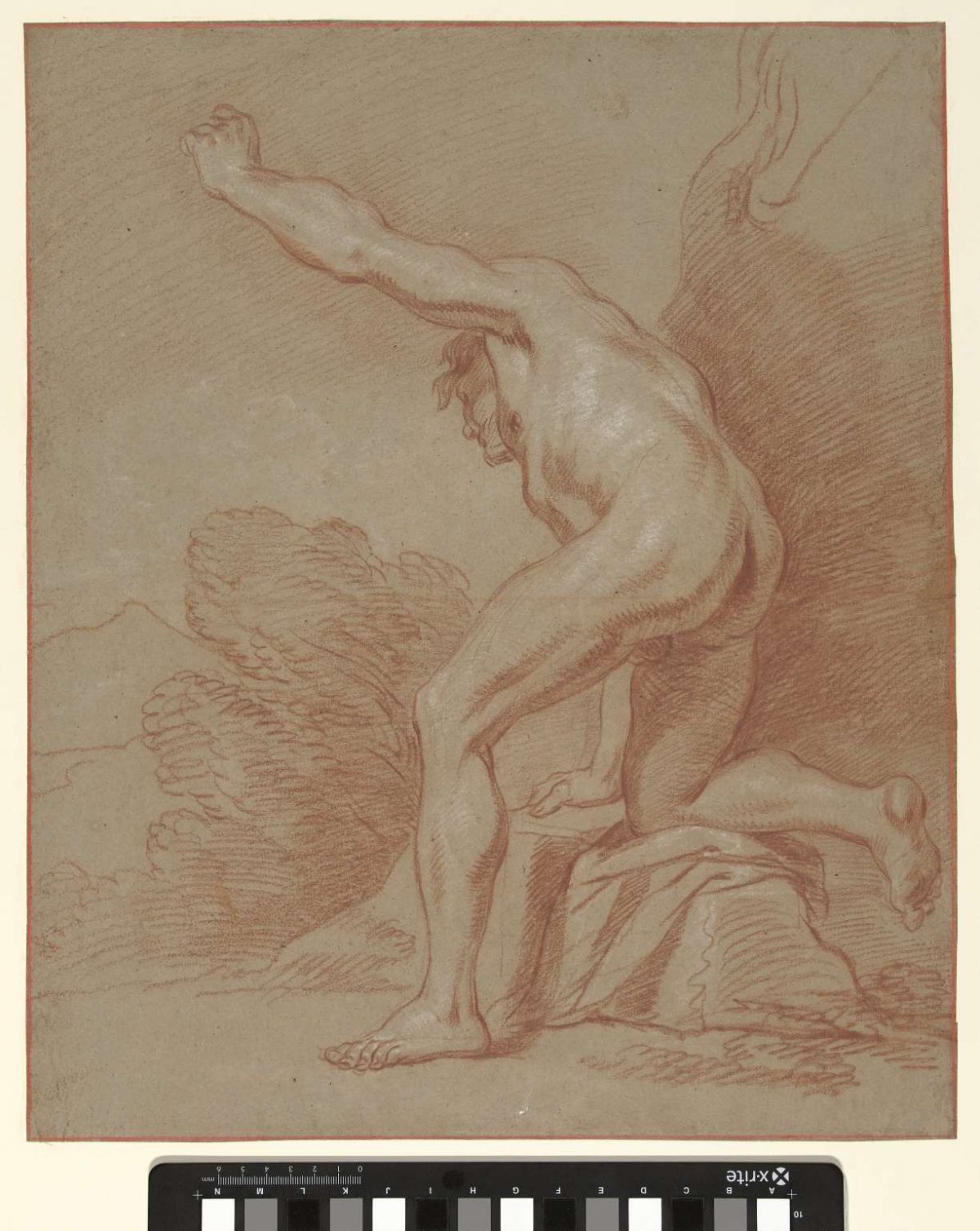 Male nude kneeling on one knee, left arm extended, anonymous, 1700 - 1800