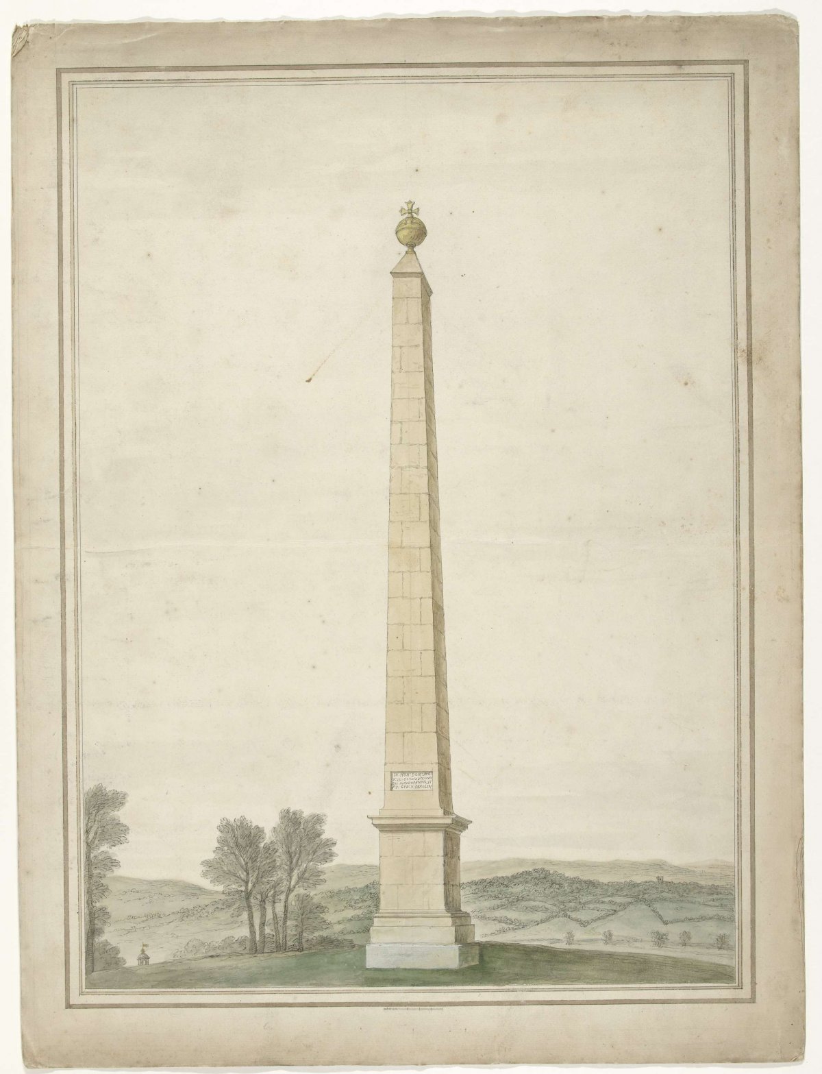 Landscape with obelisk honoring the kingship of George II Augustus, King of England, in October 1727, anonymous, 1727