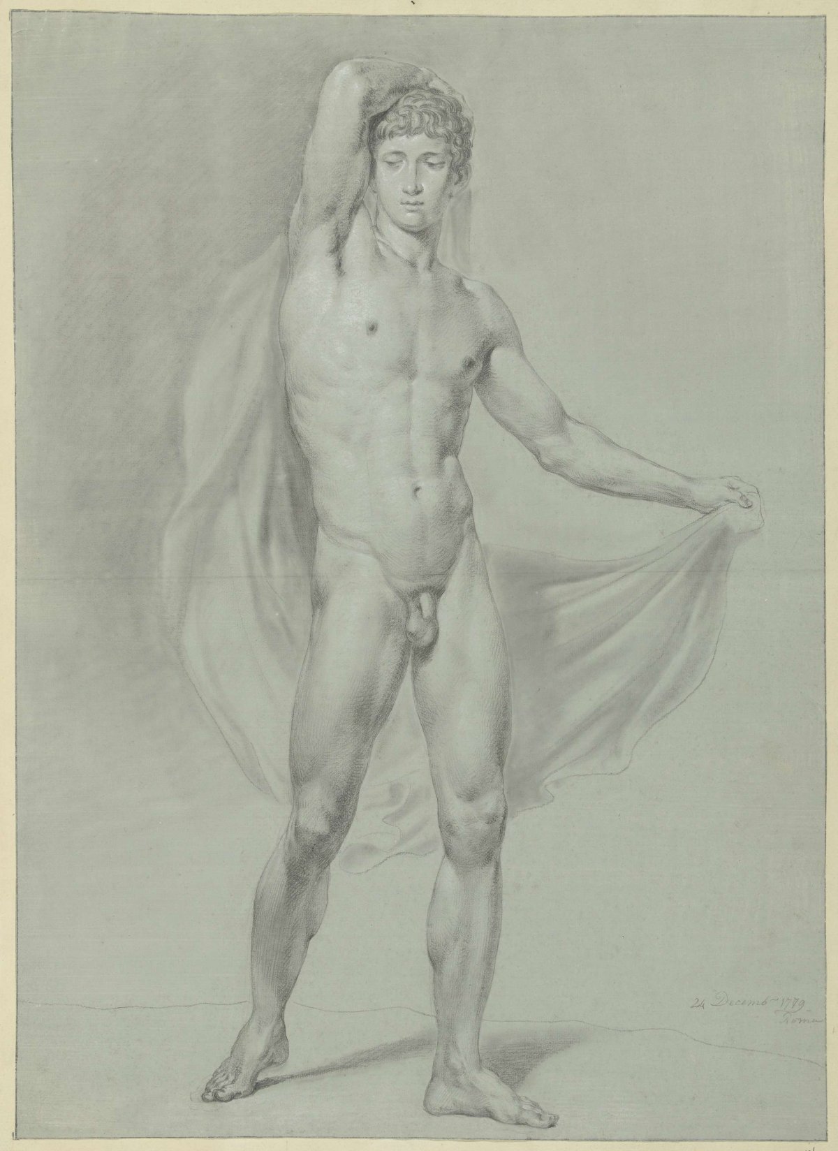 Standing male nude, holding a cloth behind his back, seen from the front, Jean Grandjean, 1779