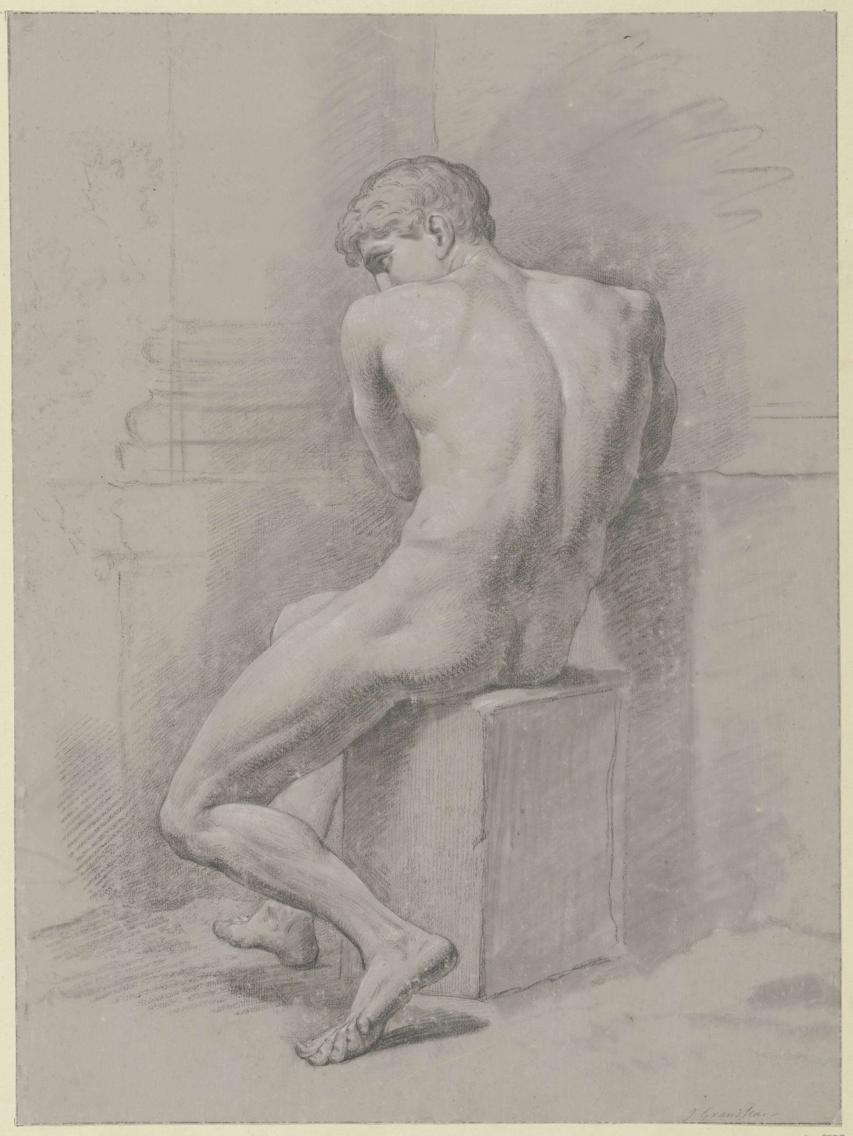 Seated male nude, on a block, half-turned, Jean Grandjean, 1765 - 1781