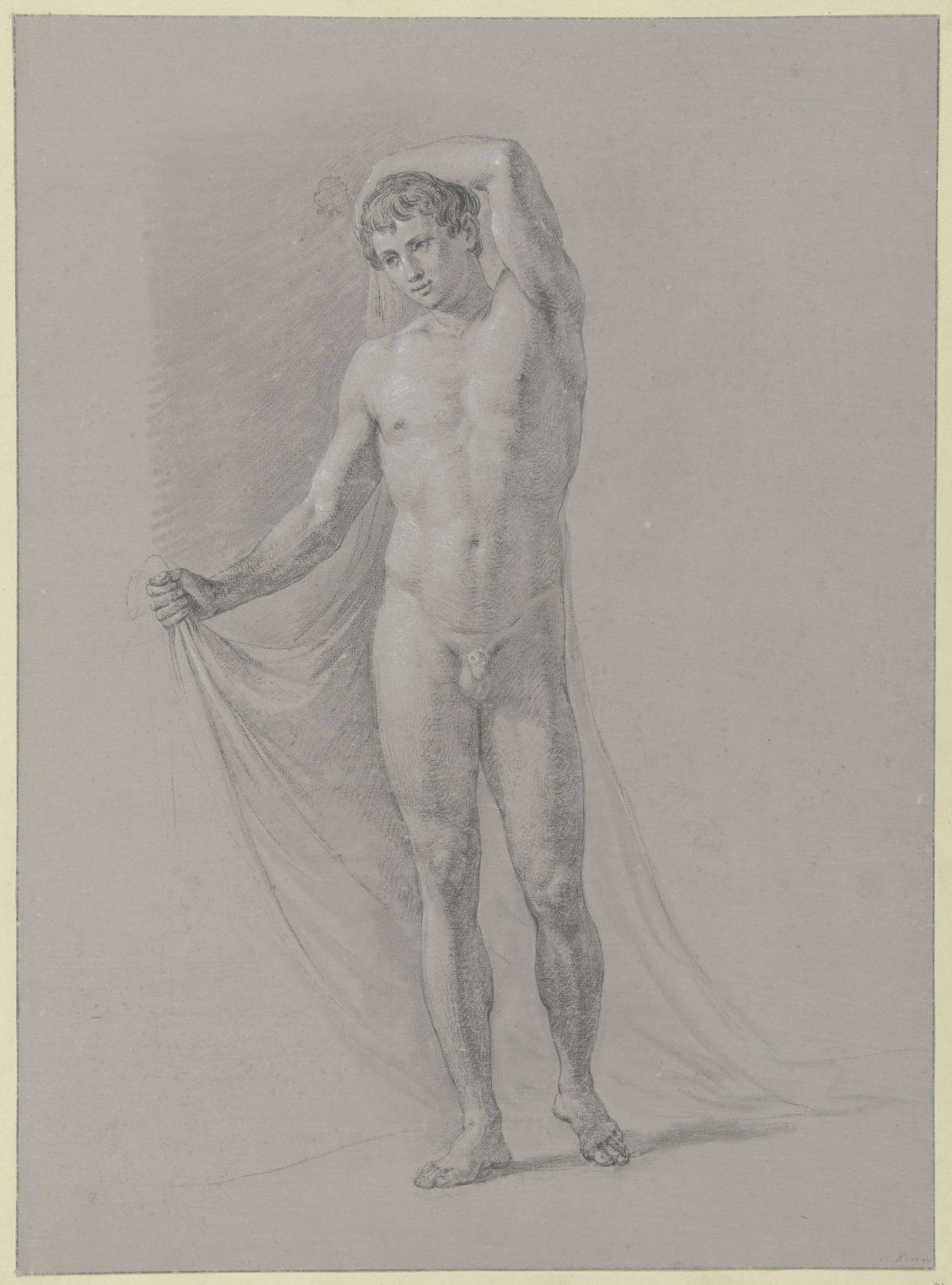 Standing male nude, holding a cloth behind his back, from the front, Jean Grandjean, 1765 - 1781