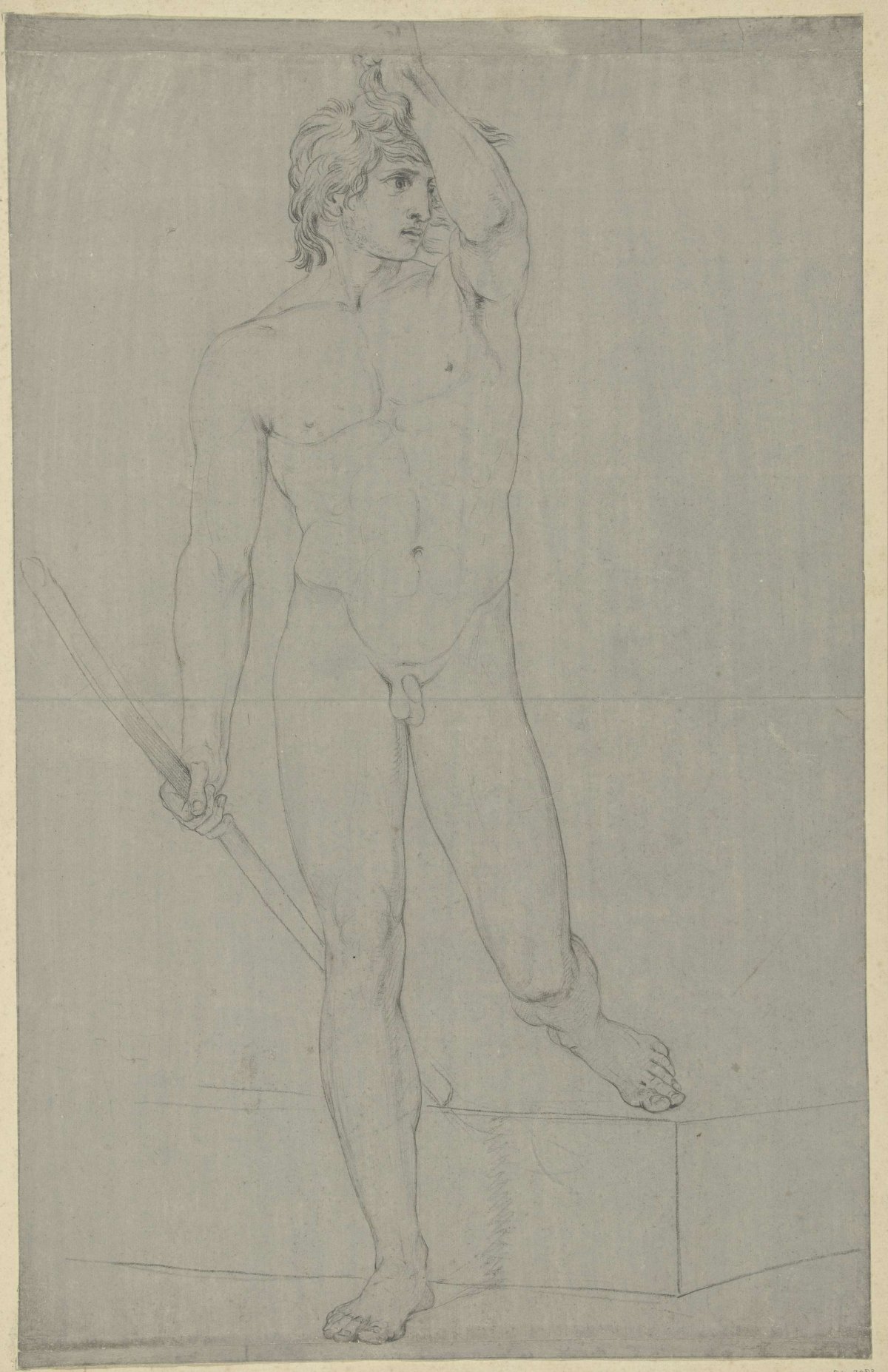Standing male nude, holding a stick, the left foot on a block, Jean Grandjean, 1765 - 1781