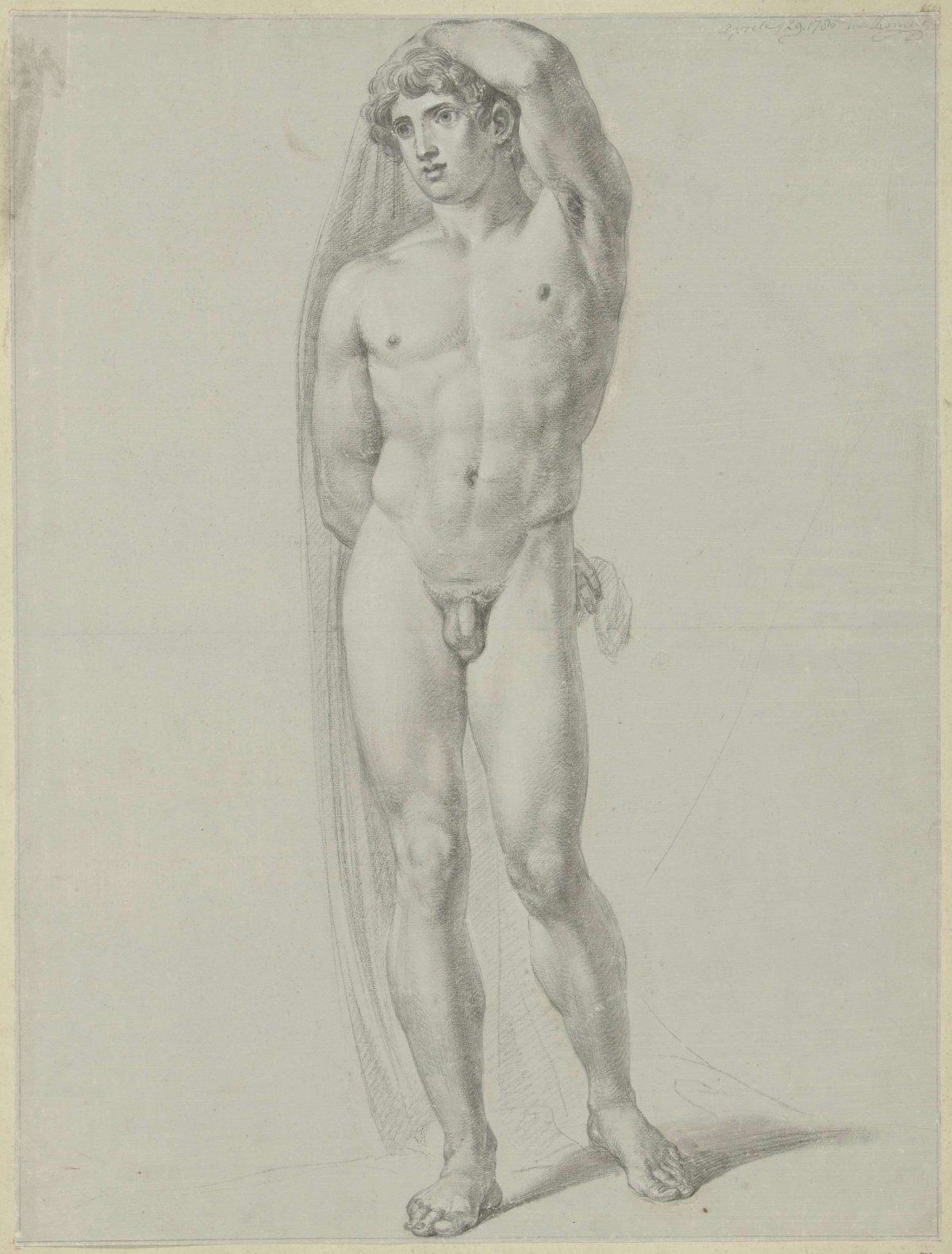 Standing male nude, from front, holding a cloth behind back, Jean Grandjean, 1780