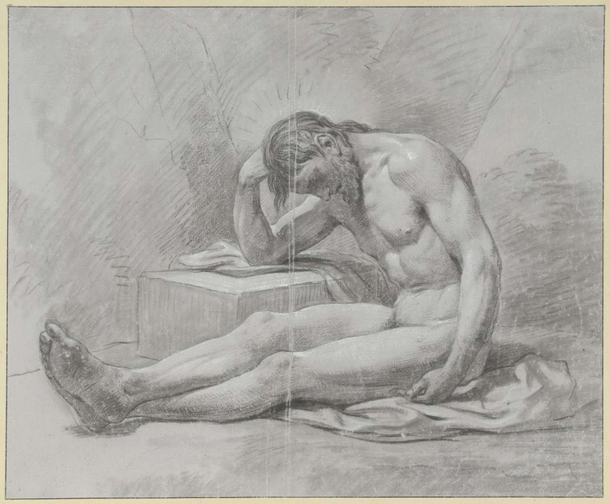 Seated male nude, on the ground, with right arm leaning on a block, Jean Grandjean, 1765 - 1781