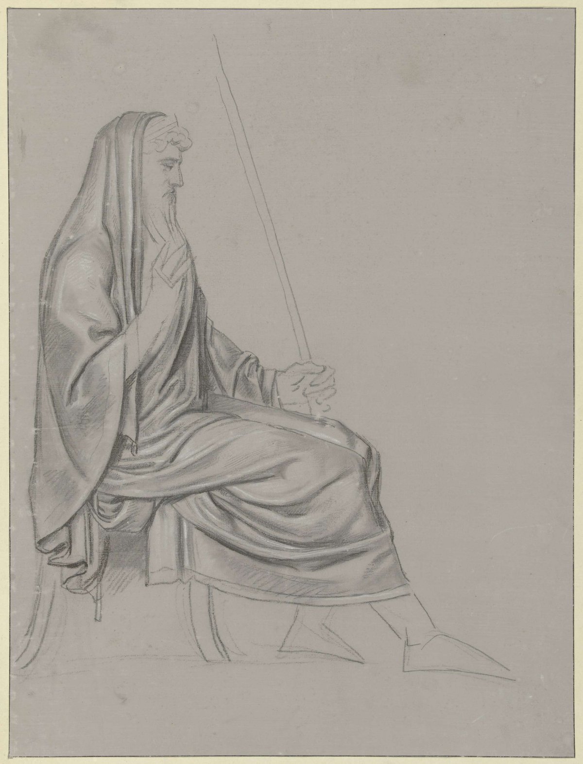 Drapery study of a seated man with cane, to the right, Jean Grandjean, 1765 - 1781