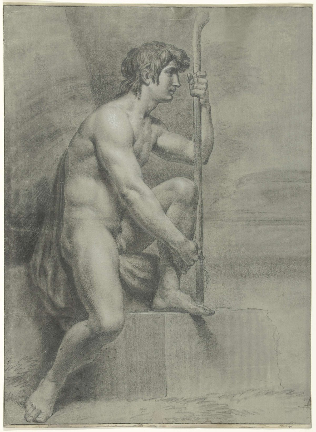 Seated male nude with staff and raised left leg, Jean Grandjean, 1765 - 1781