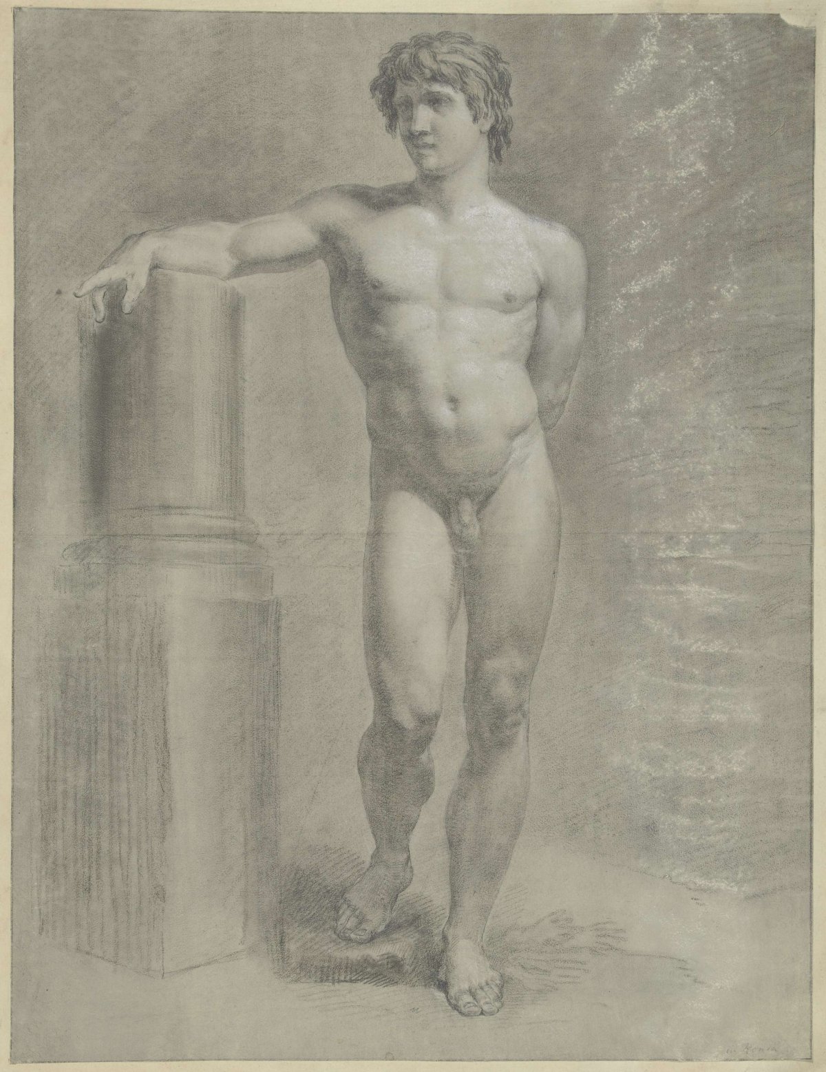 Standing male nude, the right arm on a broken-off column, from the front, Jean Grandjean, 1765 - 1781