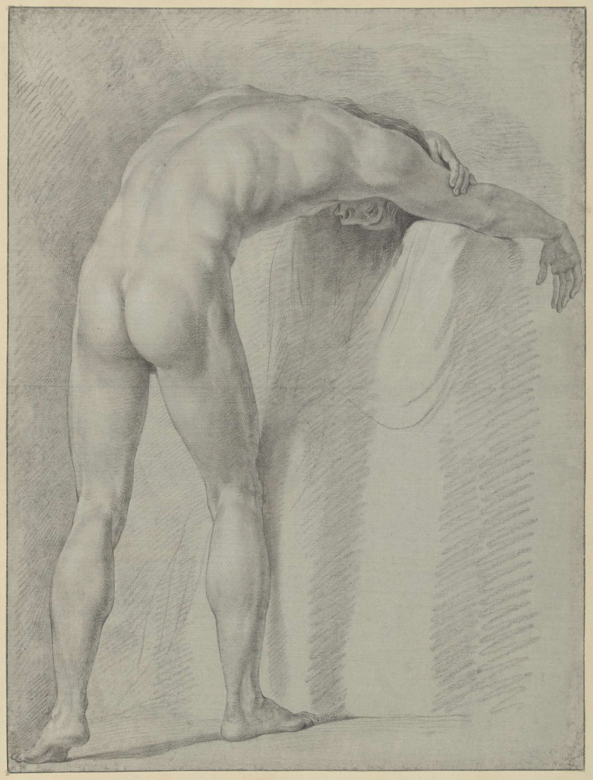 Standing male nude, hunched over, seen from behind, Jean Grandjean, 1765 - 1781