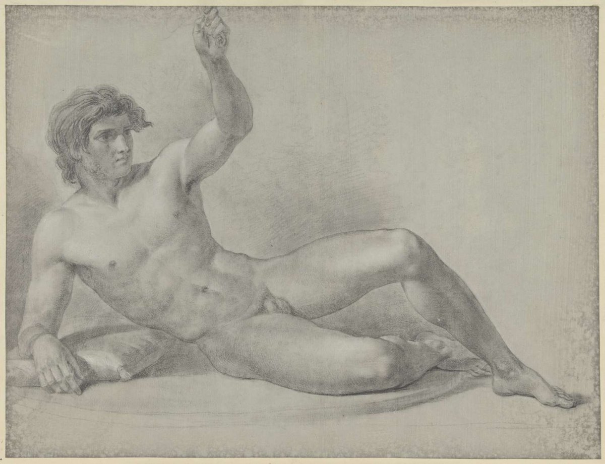 Reclining male nude, half-sitting leaning on right arm, Jean Grandjean, 1765 - 1781