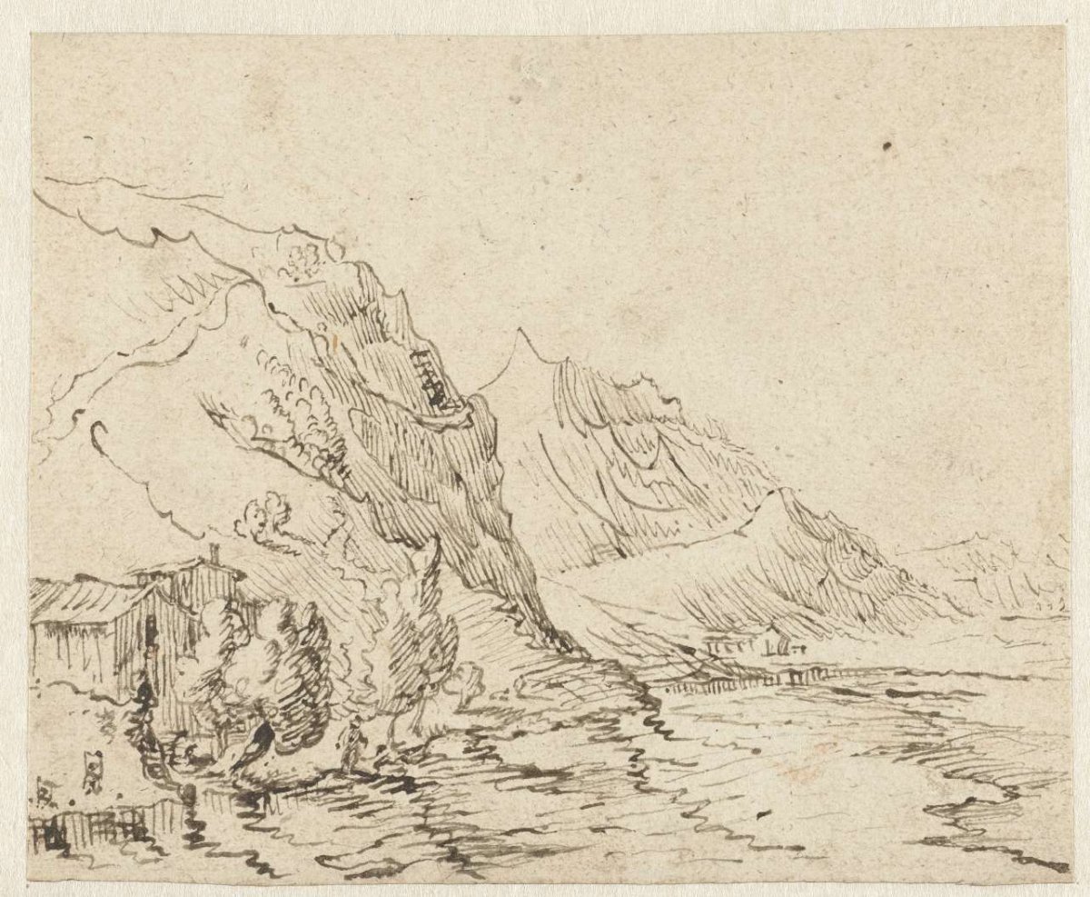 Coastal landscape with some huts, anonymous, 1600 - 1699