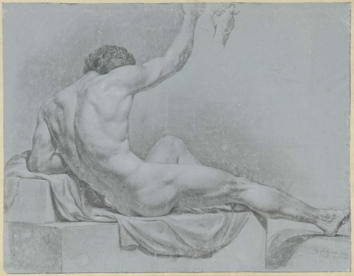 Reclining male nude, half-sitting leaning on left arm, Jean Grandjean, 1780