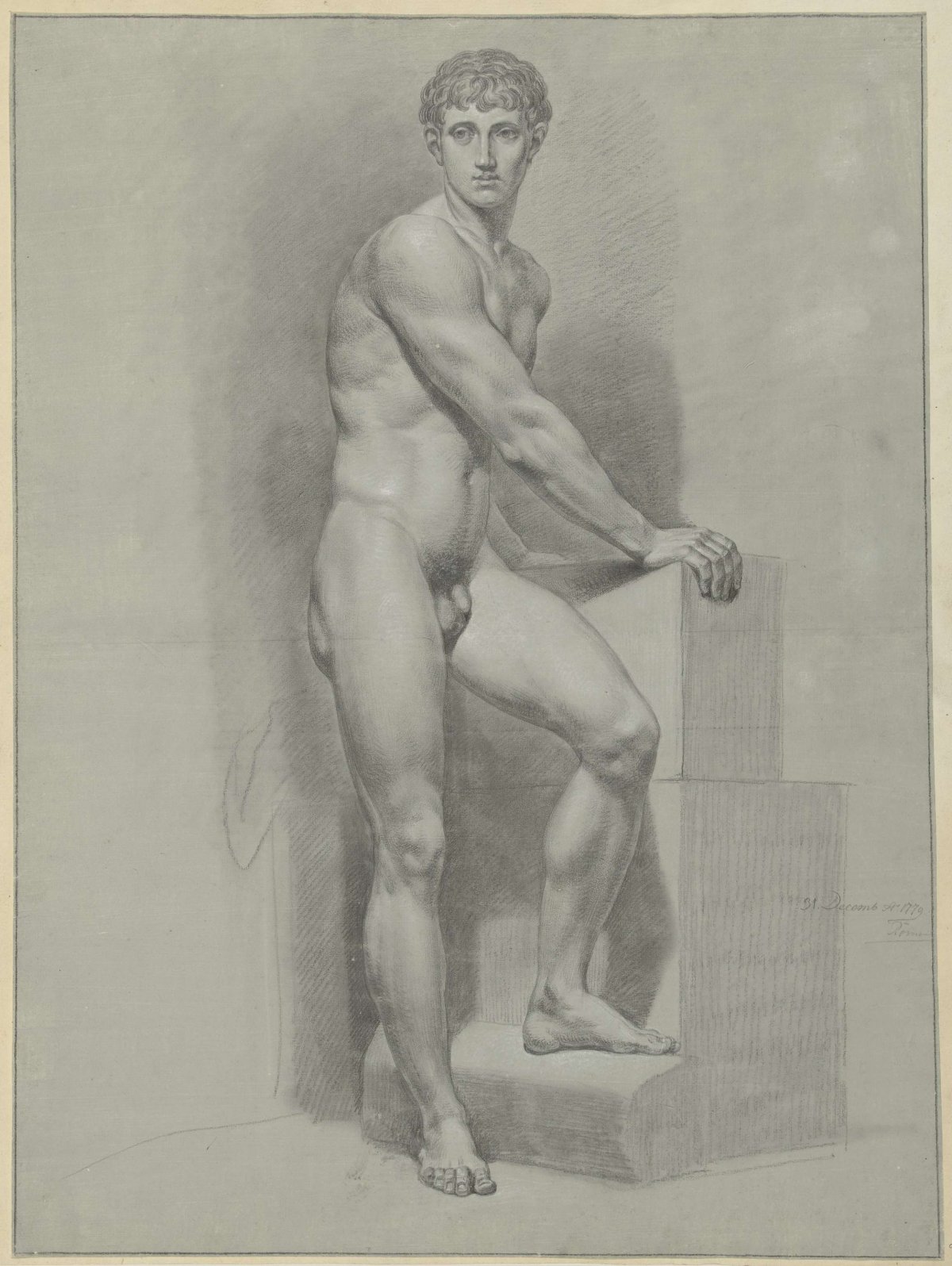 Standing male nude, arms on a block, Jean Grandjean, 1779