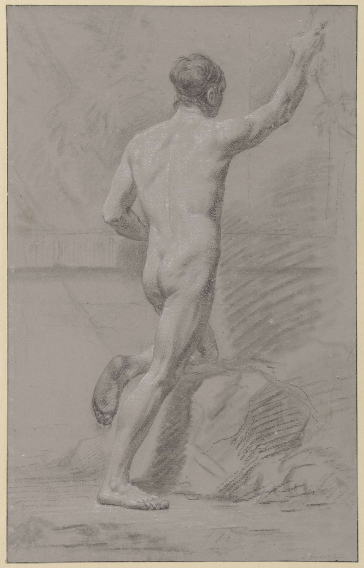 Standing male nude, left knee on a rock, right arm raised, Jean Grandjean, 1765 - 1781