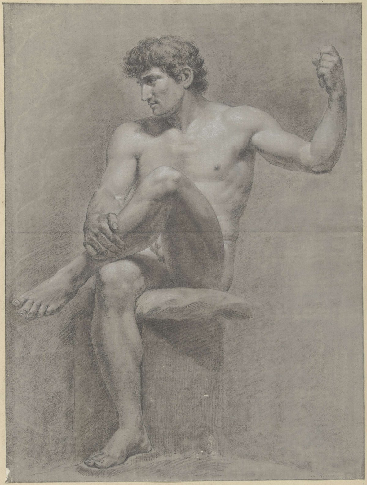 Seated male nude, the left leg on the right knee, Jean Grandjean, 1765 - 1781