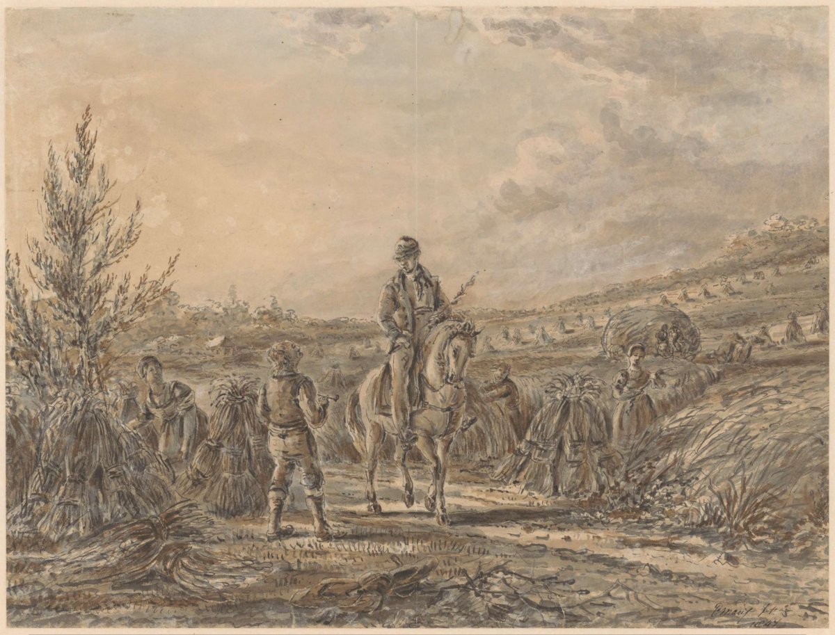 Landscape with horseman among harvesting farmers, Gerardus Emaus de Micault, 1847