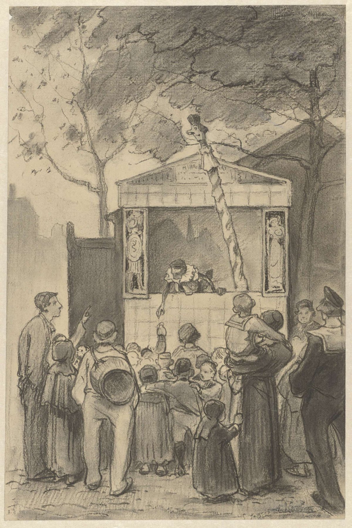 Spectators for a puppet show, Jan van Essen, 1864 - 1936