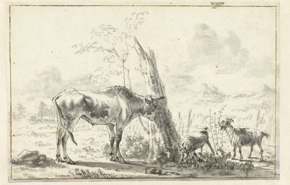 Cow and two goats near a broken tree, anonymous, 1600 - 1800