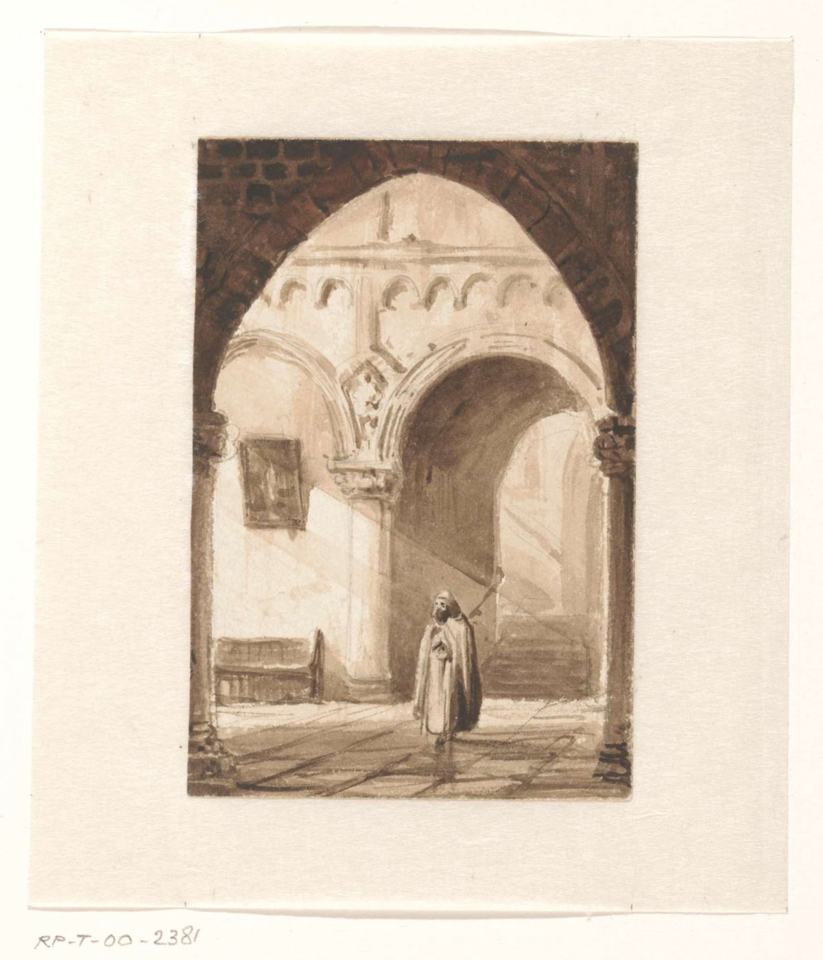 Interior of a church with a monk, Cornelis Springer, 1843