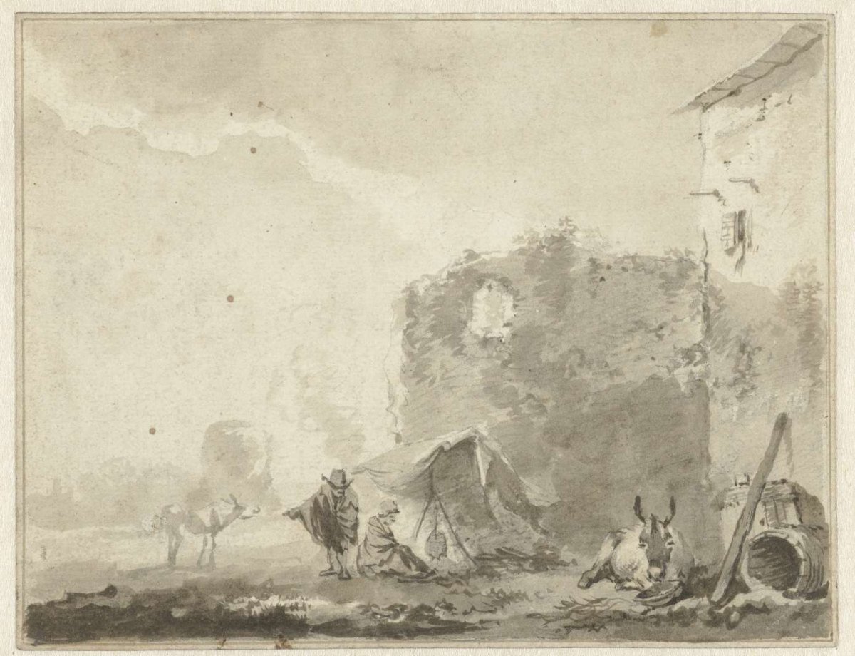 Italianate landscape with a ruin, two people by a fire and donkeys, anonymous, 1600 - 1699