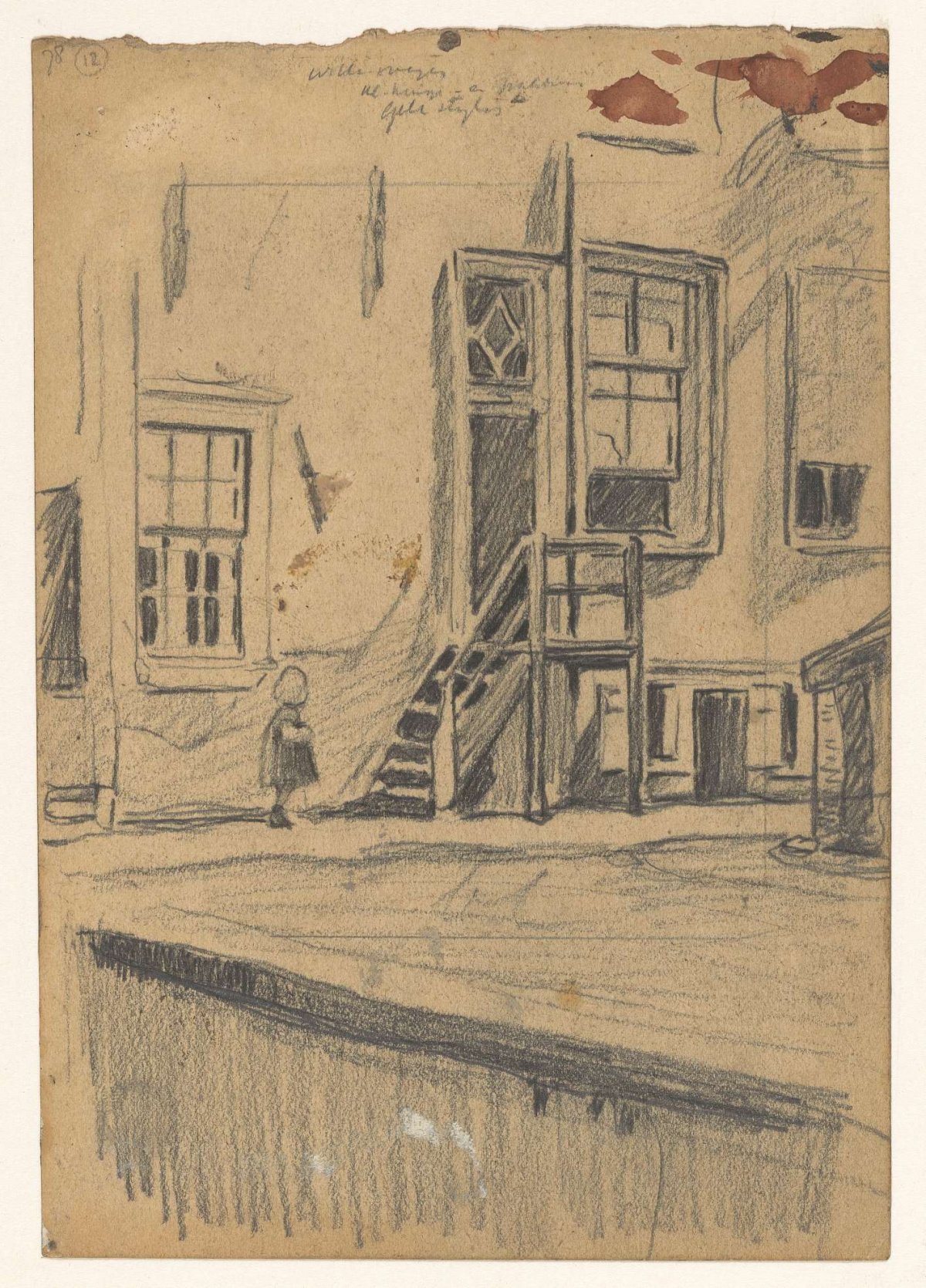 Girl by wooden stairs, quay wall, Willem Witsen, 1870 - 1923