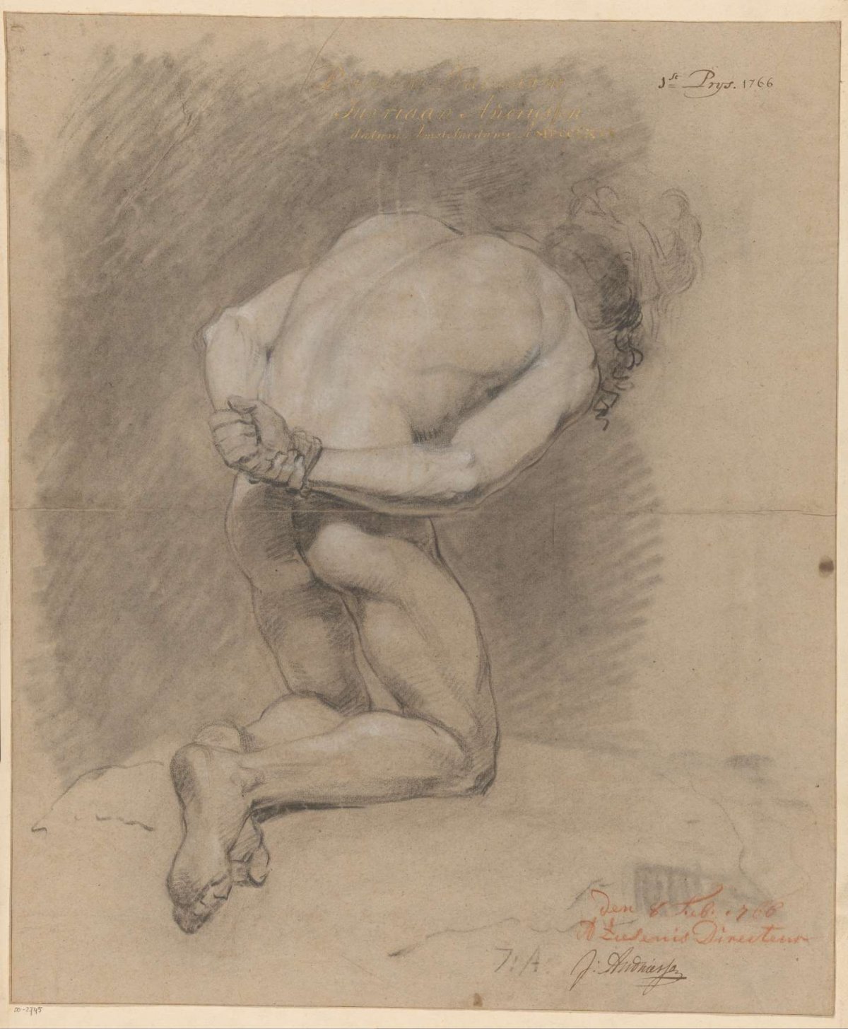 Kneeling male nude seen from behind (1st prize 1766), Jurriaan Andriessen, 1766