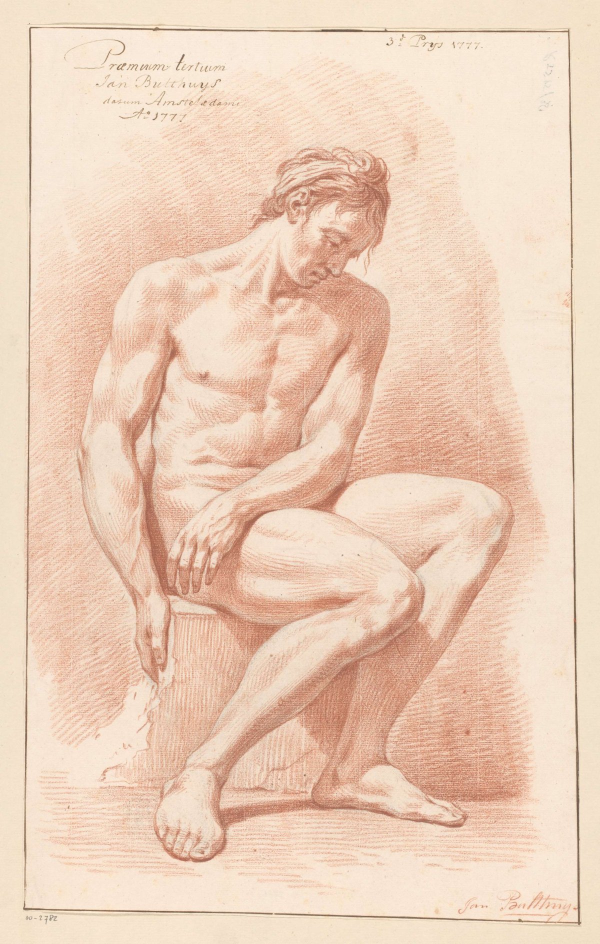 Seated male nude, front view (3rd prize 1777), Jan Bulthuis, 1777