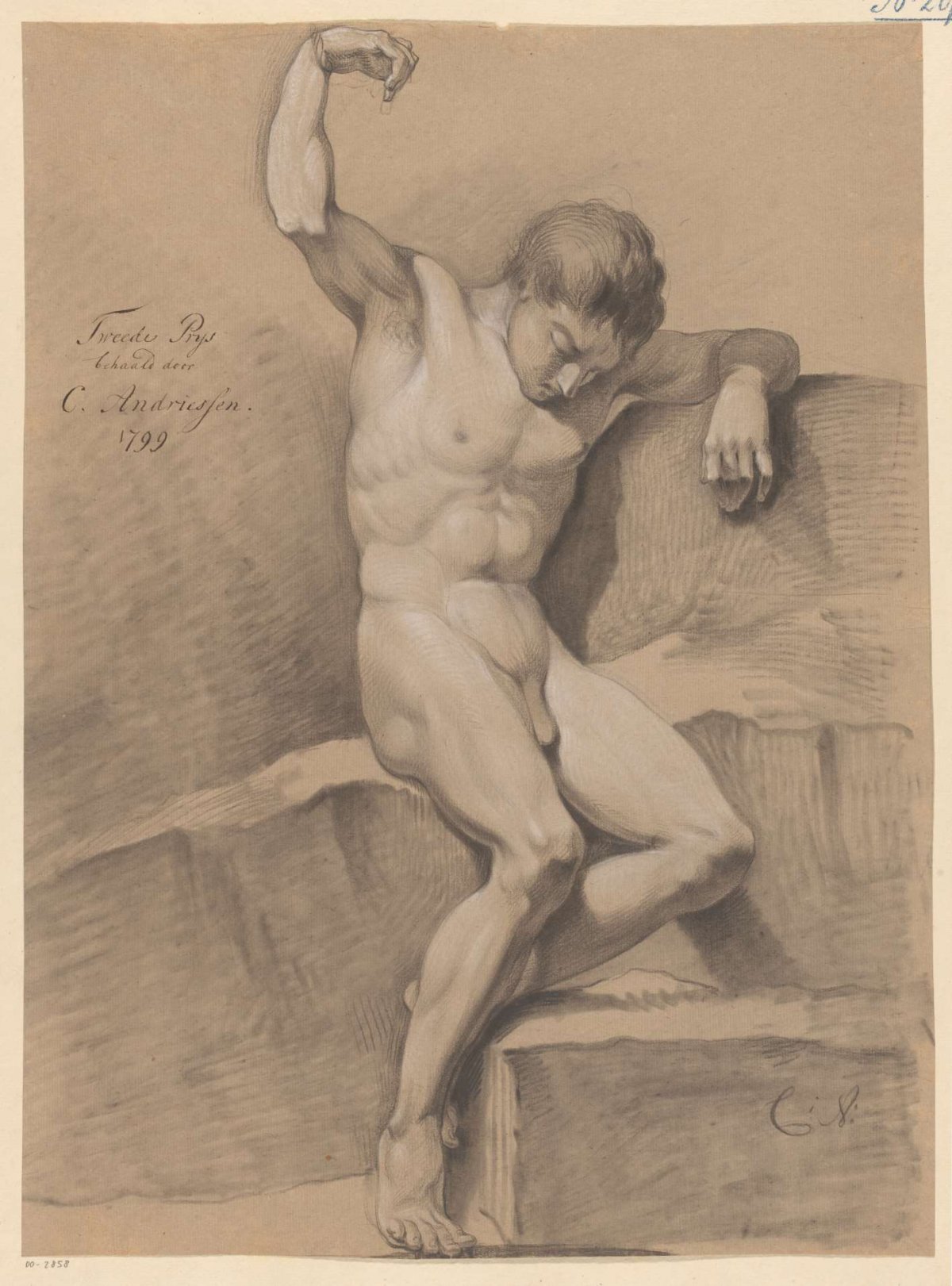 Seated male nude, front view (2nd price 1799), Christiaan Andriessen, 1799