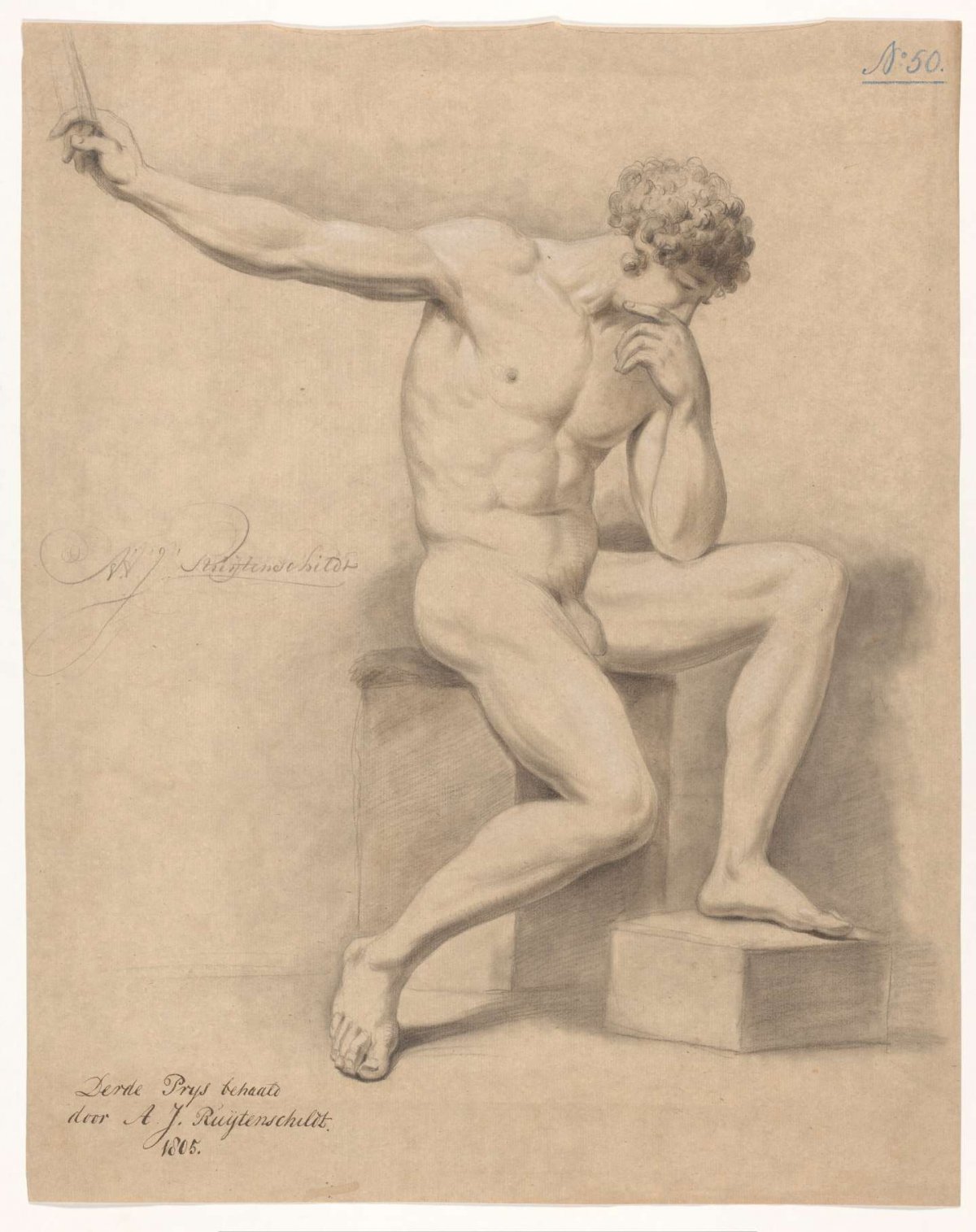Seated male nude, front view (3rd prize 1805), Abraham Johannes Ruytenschildt, 1805