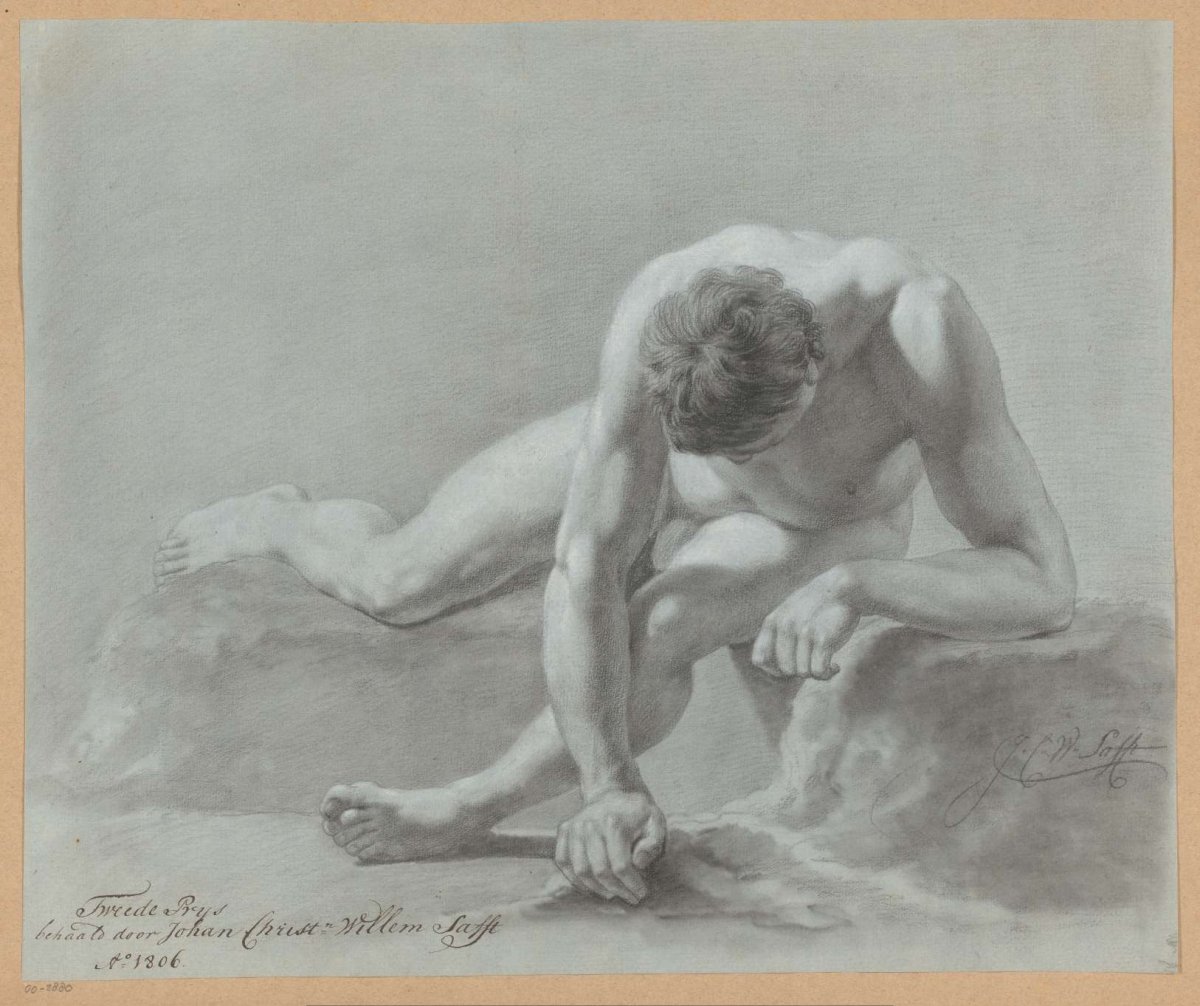 Hunched seated male nude (2nd prize 1806), Johan Christiaan Willem Safft, 1806