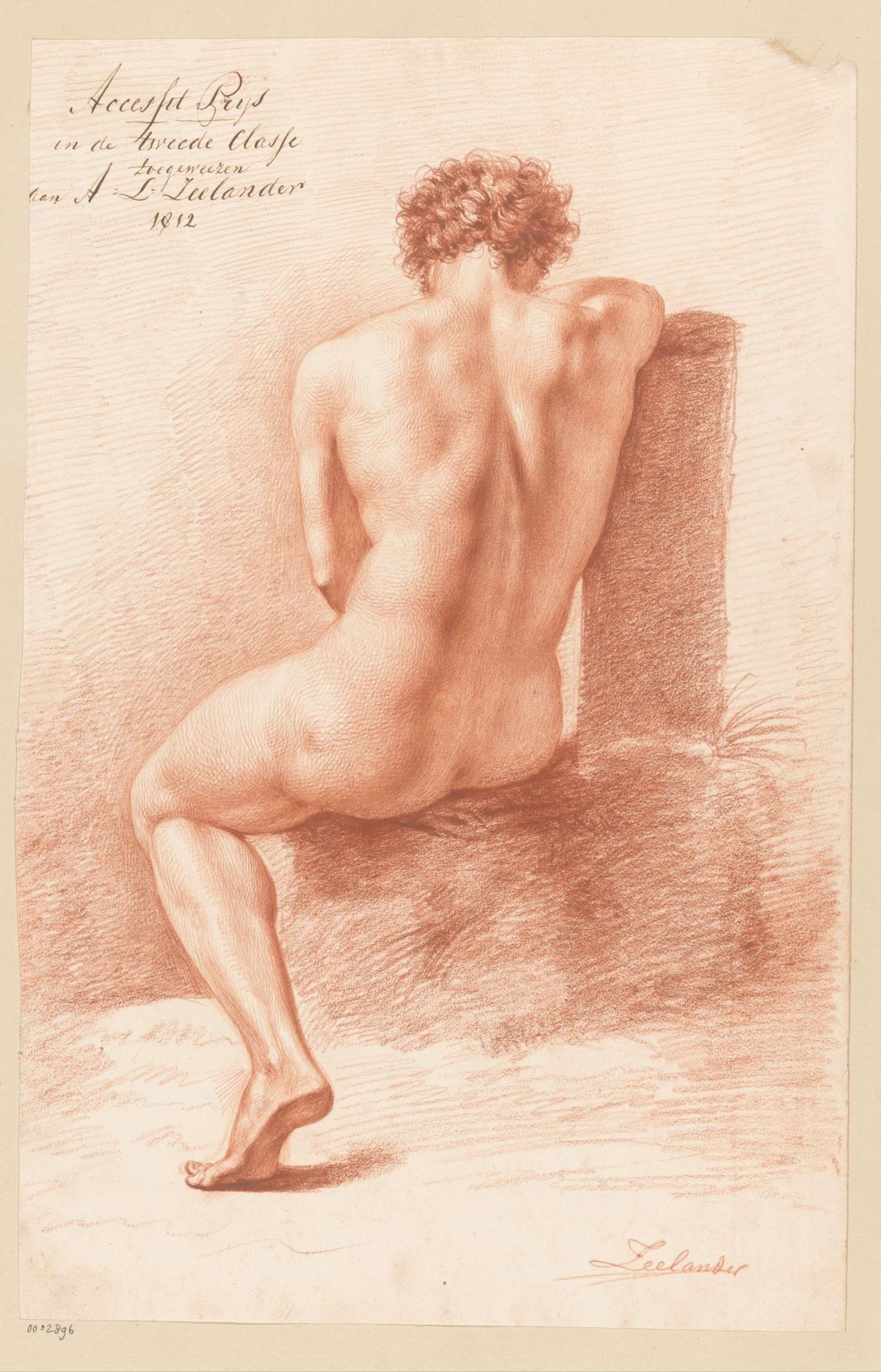 Seated male nude, viewed from behind (2nd prize 1812), Abraham Lion Zeelander, 1812