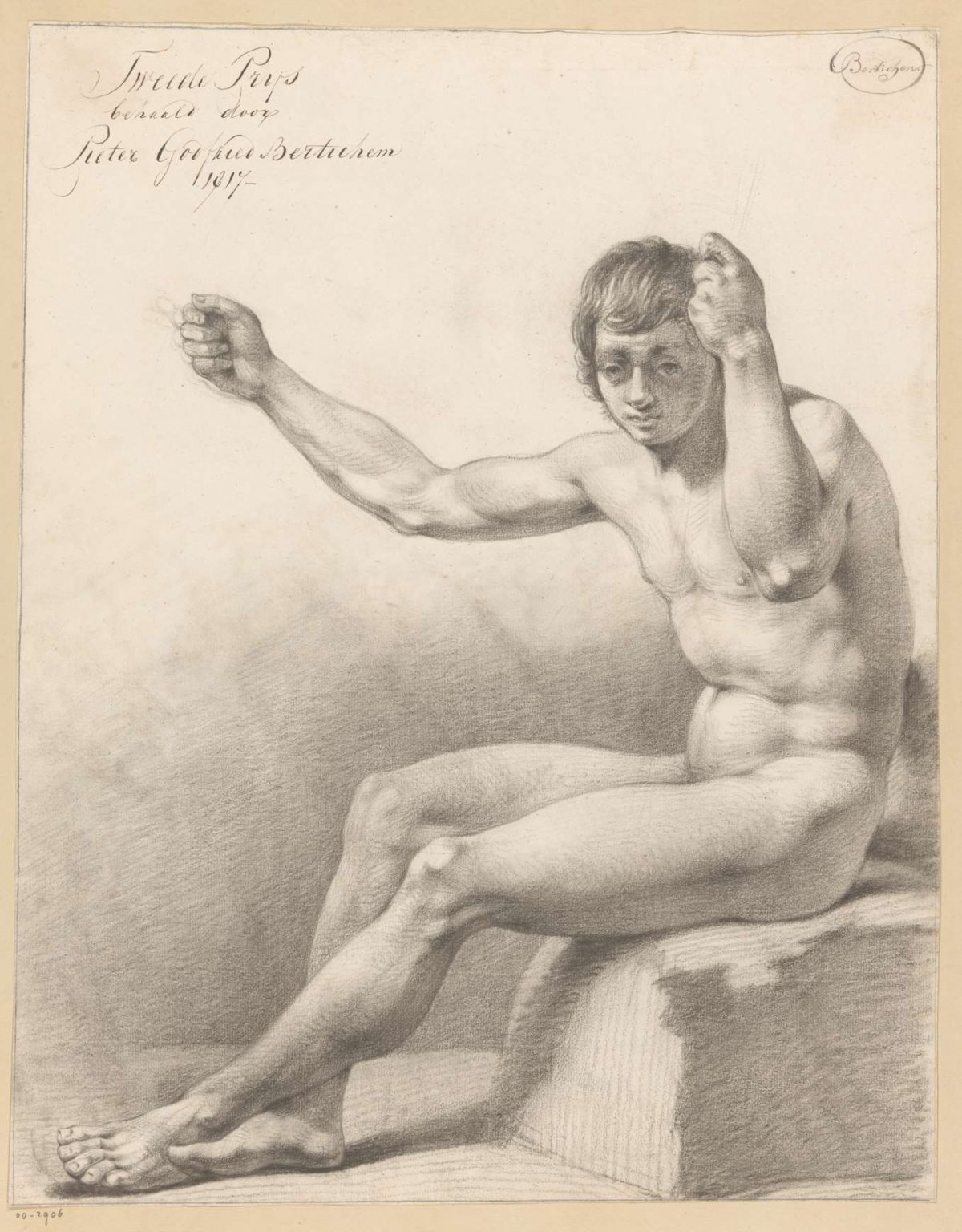 Seated male nude, side view (2nd prize 1817), Pieter Godfried Bertichen, 1817