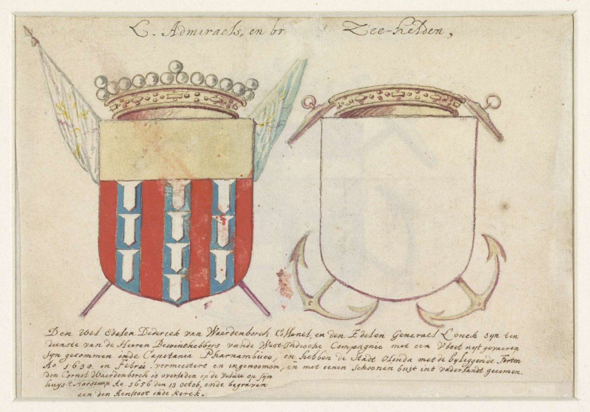 Coat of arms of Diderick van Waerdenborch and an empty escutcheon, anonymous, 1656 - 1699
