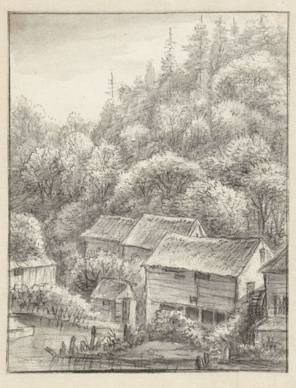 Houses against a wooded slope, Anthonie Waterloo, 1619 - 1690