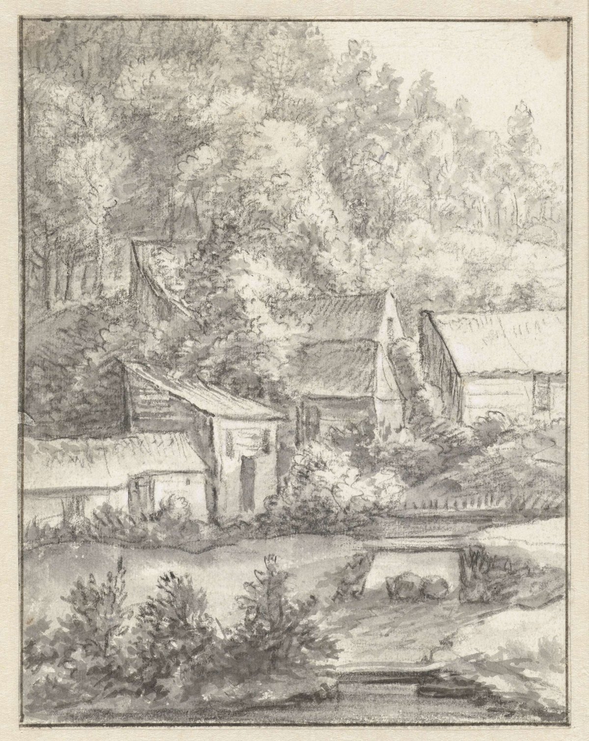 Houses on a wooded hill, Anthonie Waterloo, 1619 - 1690
