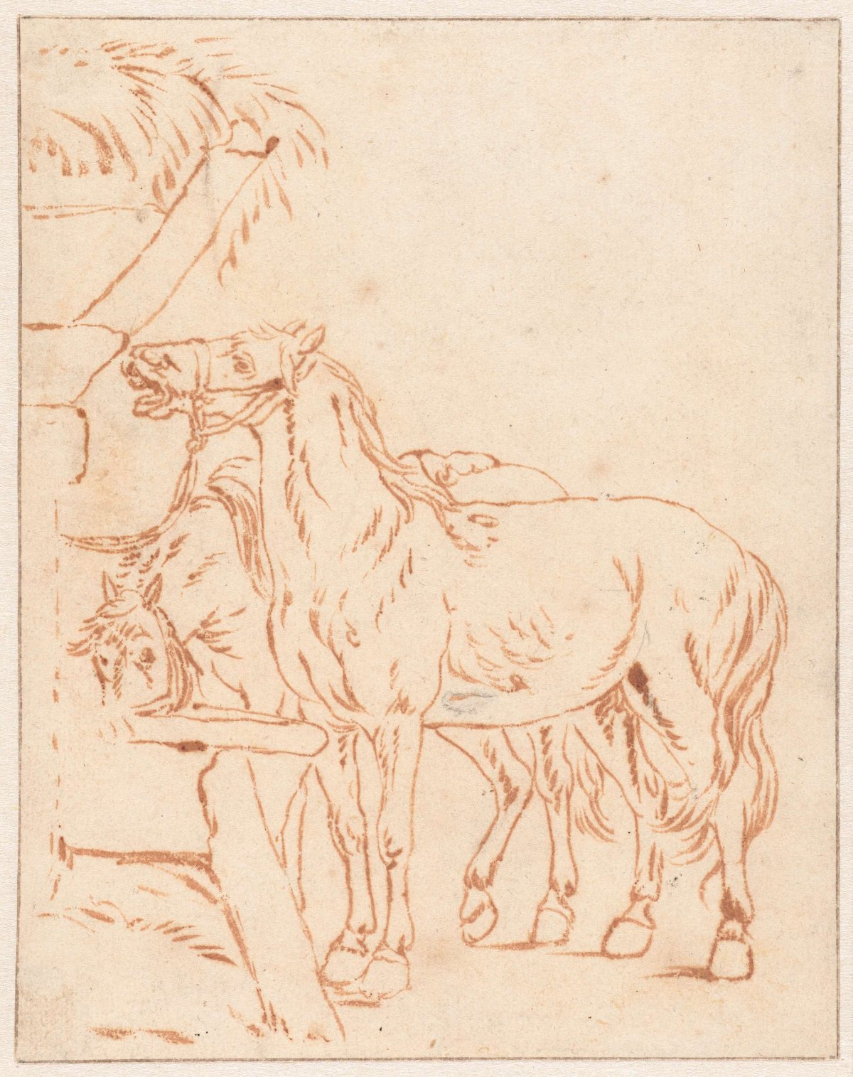 Two Horses by a Trough, anonymous, 1625 - 1749