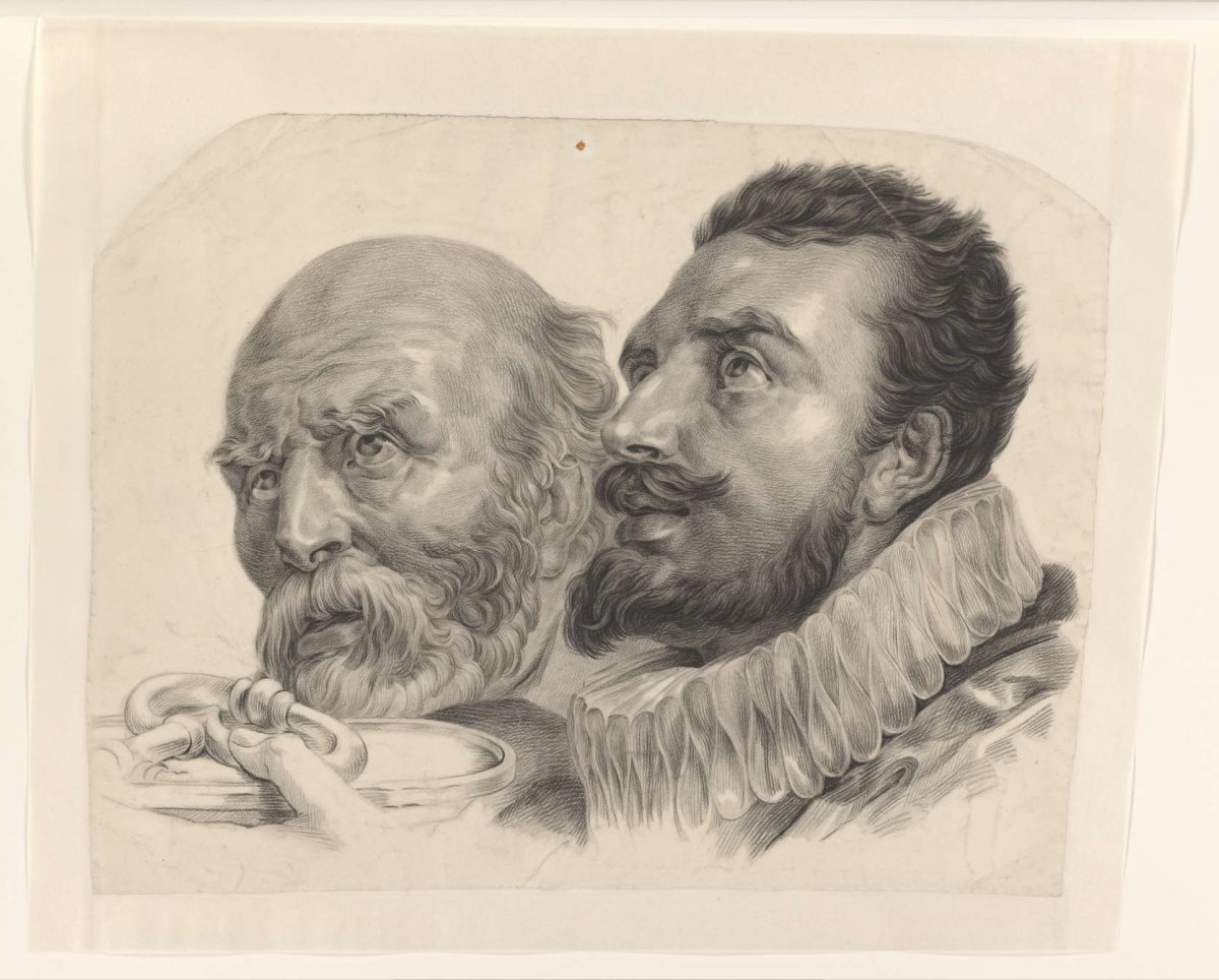 Heads of two men offering a key, Monogrammist AC (19e eeuw), 1830