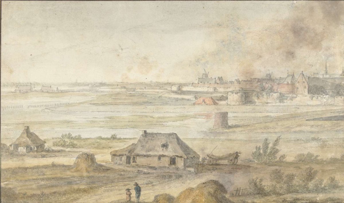Landscape with farms and a walled city, anonymous, 1600 - 1699