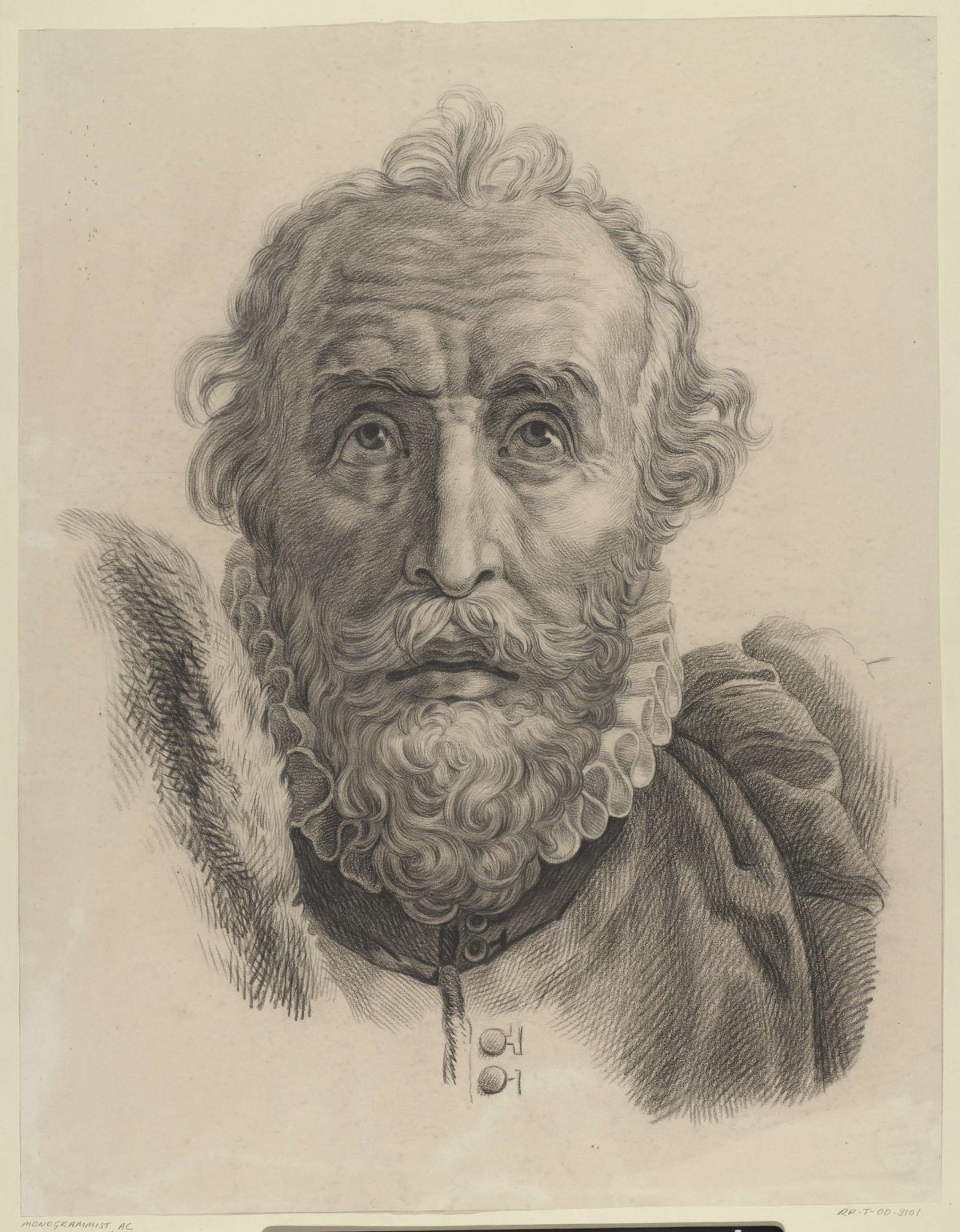 Head of a man with beard, from the front, Monogrammist AC (19e eeuw), 1830