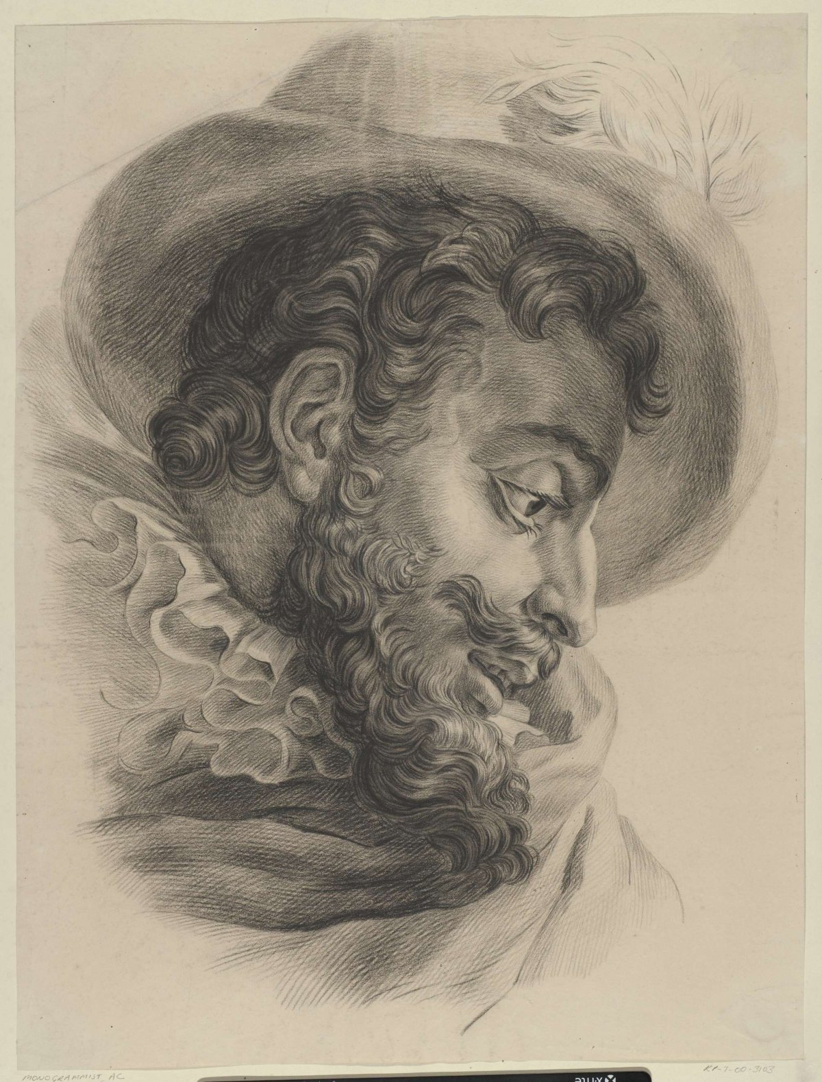 Head of a man with hat, looking down to the right, Monogrammist AC (19e eeuw), 1830