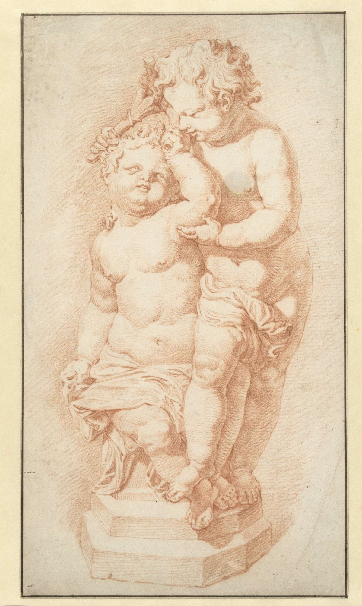 Statue of two putti holding a torch, anonymous, 1600 - 1699