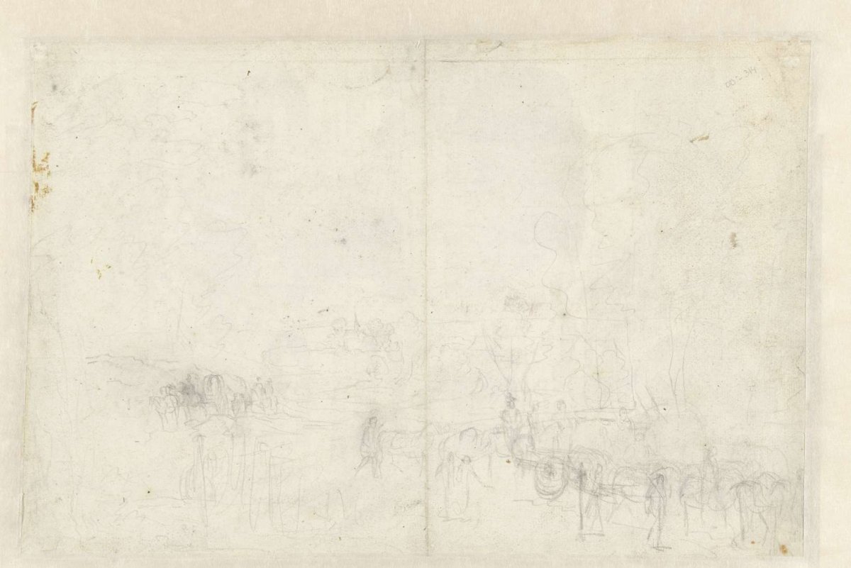 Sketch of a landscape with a carriage and covered wagon, anonymous, 1600 - 1699