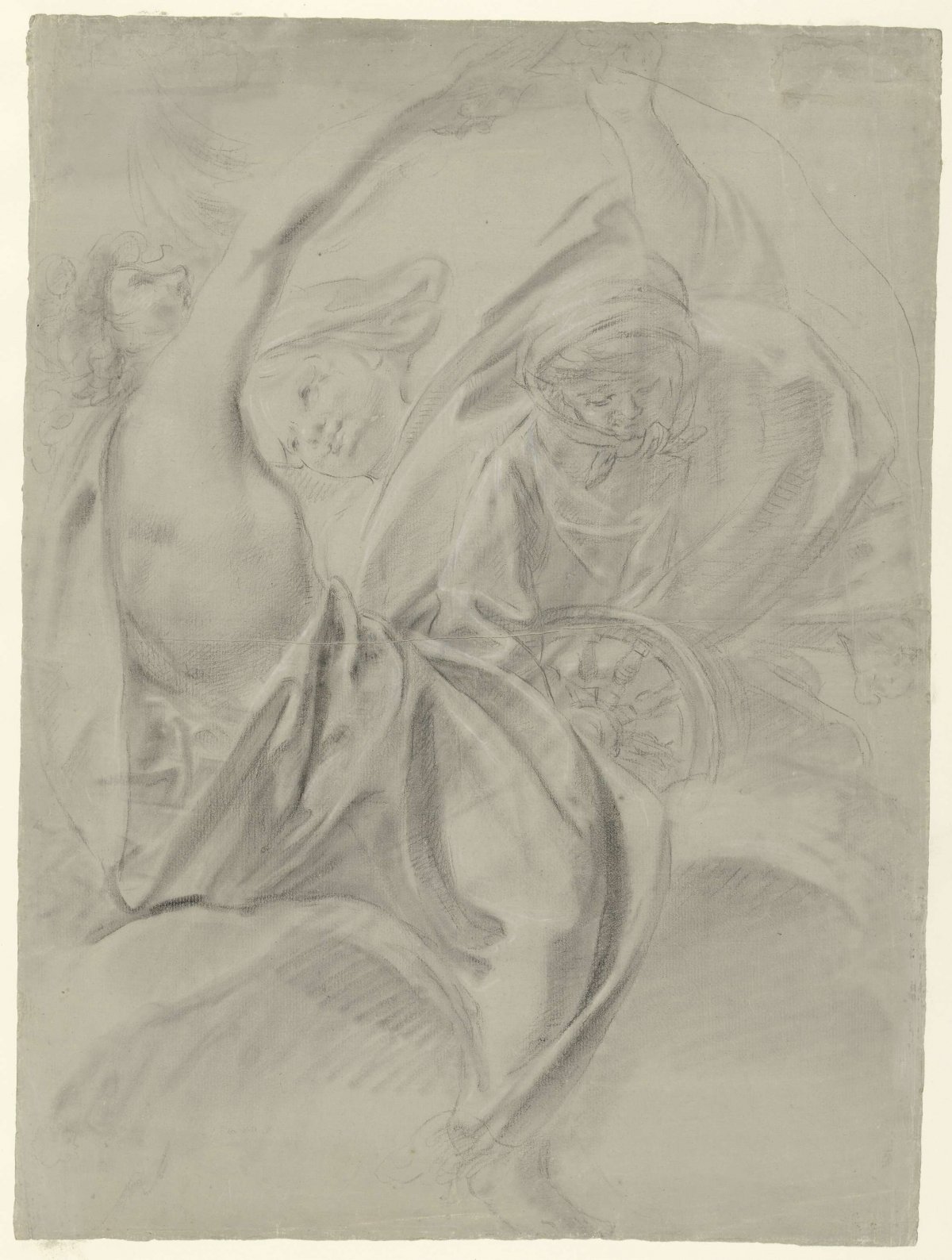 Three figures including a spinning woman, anonymous, 1700 - 1799