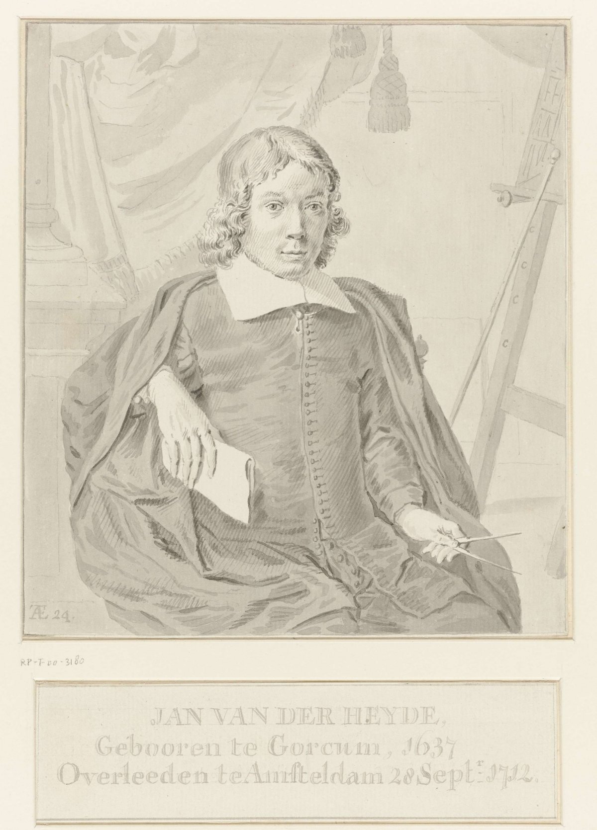 Portrait of Jan van der Heyden, seated with compasses, anonymous, after 1712 - c. 1725